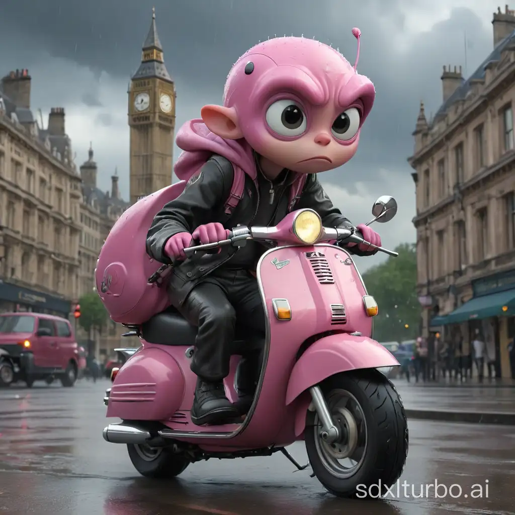 pink alien with sad face riding a black vespa VXL 150 motorcycle by Big Ben in London in the year 1980, cartoon, big general shot, with rainy stormy weather, storm with rain, clouds, sky, 3D modeling, inspired by the movie intensely, 3D Pixar, children's drawing, Mickey Mouse, full HD 4K, cool color background, gloomy with grayscale, natural light lighting, big general shot.