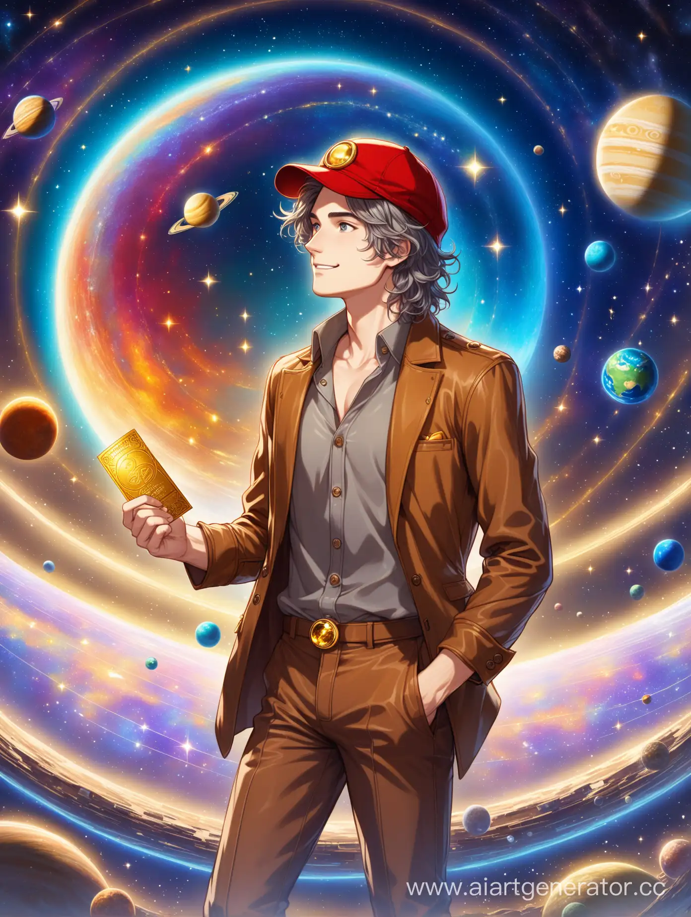 Visionary-Wanderer-with-Cosmic-Ticket-GrayHaired-Man-Amidst-Galactic-Splendor