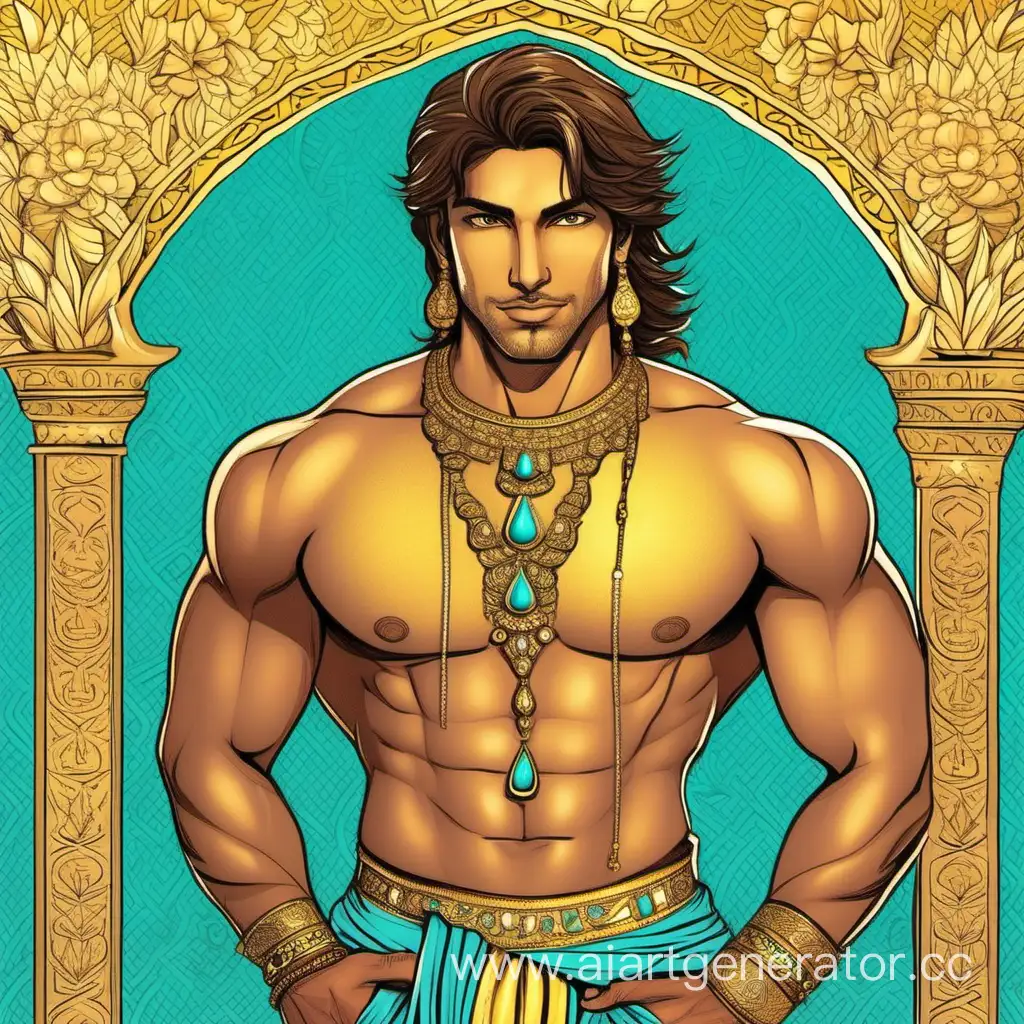 Индийский принц, красивый, коричневые волосы и бирюзовые глаза, аккуратная щетина, накаченный, сине-жёлтая ширвани, золотые украшения, интим, эротика, ближний восток, тропический сад, средневековье, симметрия, рисунок, комикс, портрет