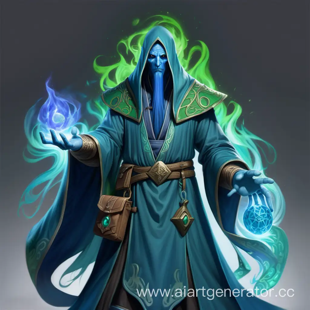 vedalken dnd, blue skin, green wizard of life, no face hair