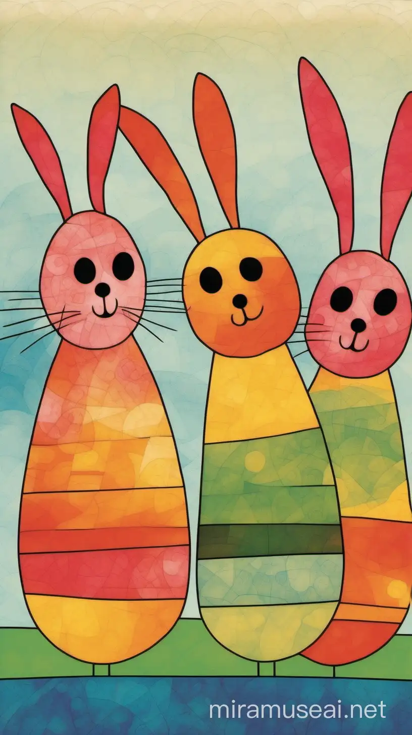 Colorful Easter Bunnies Waving Vibrant Artwork in the Style of Paul Klee