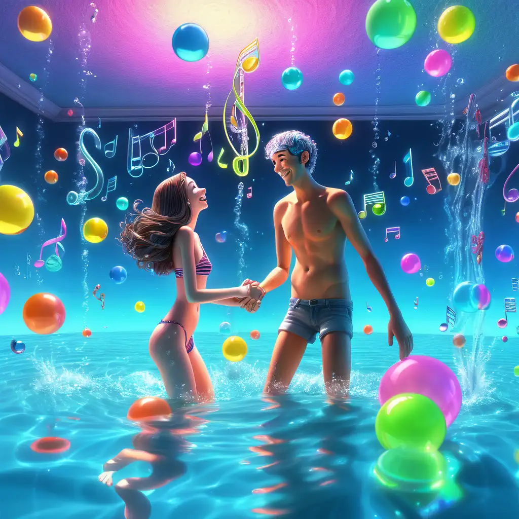 further perspective, vibrant subdued surreal 3d of a very happy early 20s couple, tall and thin boy with gray hair, shorter girl with very long brown hair, they are swimming in water in big jacuzzi, colorful neon bubbles and music notes floating, funny, laughing happy, crazy happy, neon colors in space, and love, playing with the water, music around, no close up, far away view, background is a big bathroom, they look in each others eyes