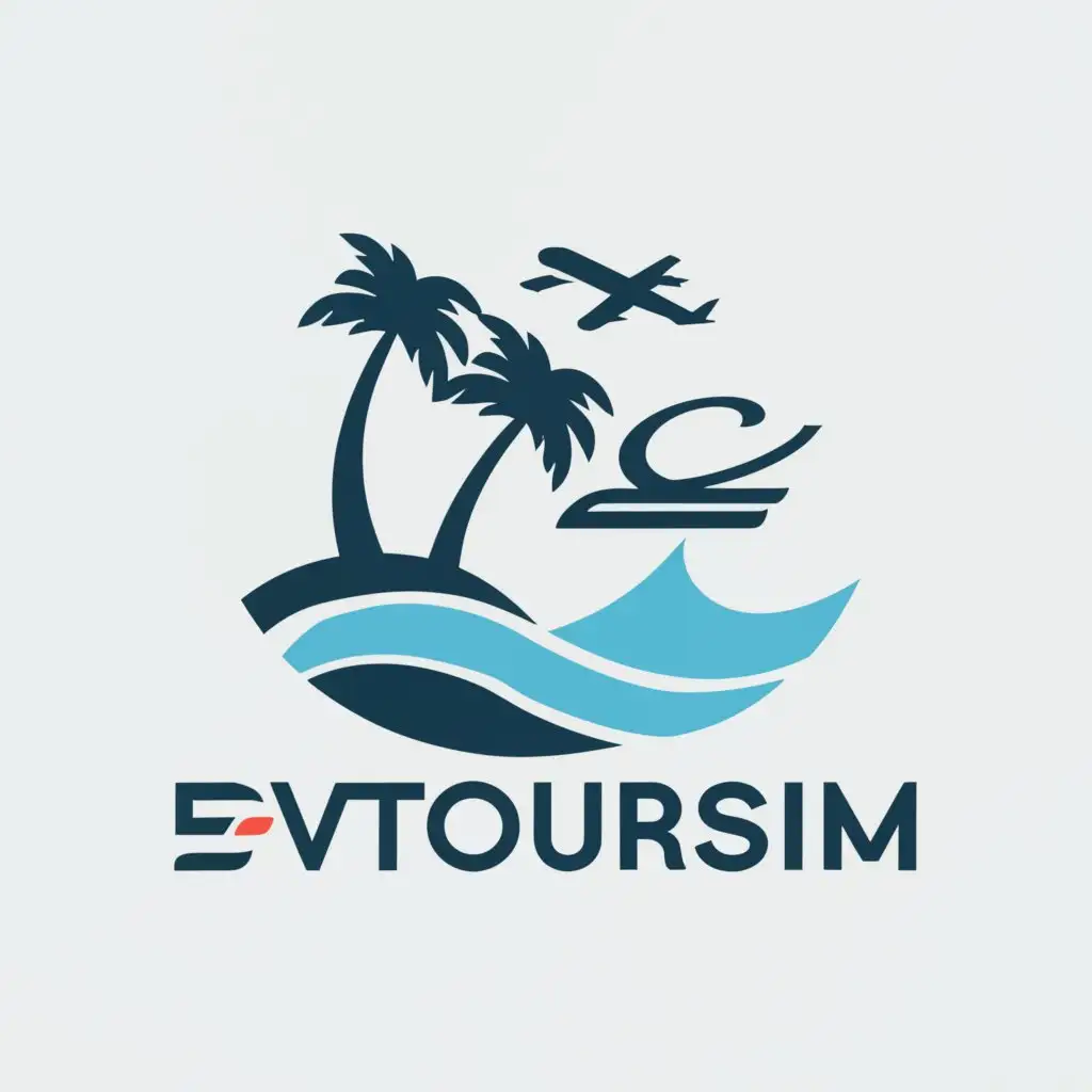 a logo design,with the text "EVTourism", main symbol:Sea, airplanes, palm trees,Minimalistic,clear background