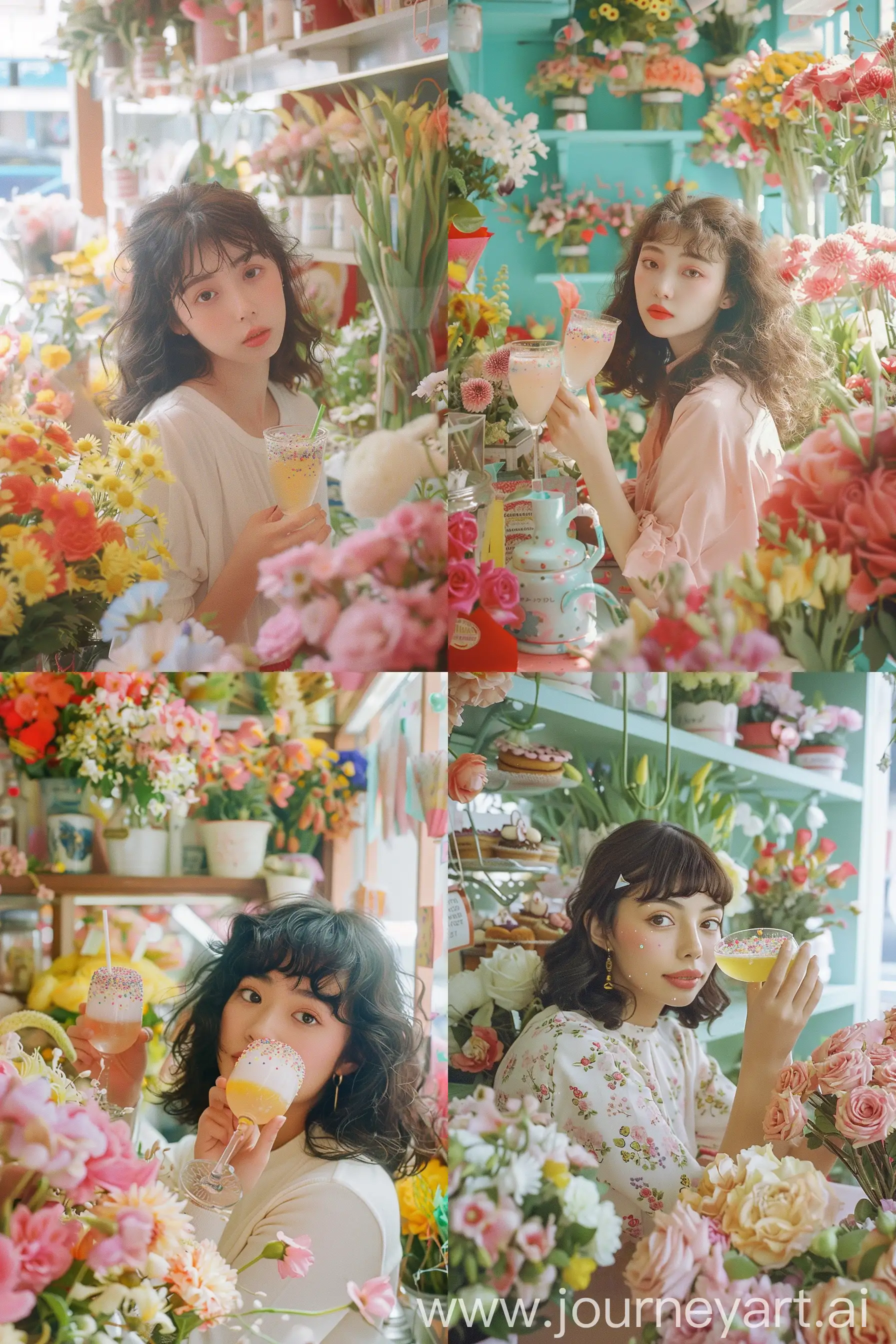 a photo of a retro kawaii woman mimosa with sprinkles, in a cute flowers shop, pastel colors, 35mm fuji color film --ar 2:3