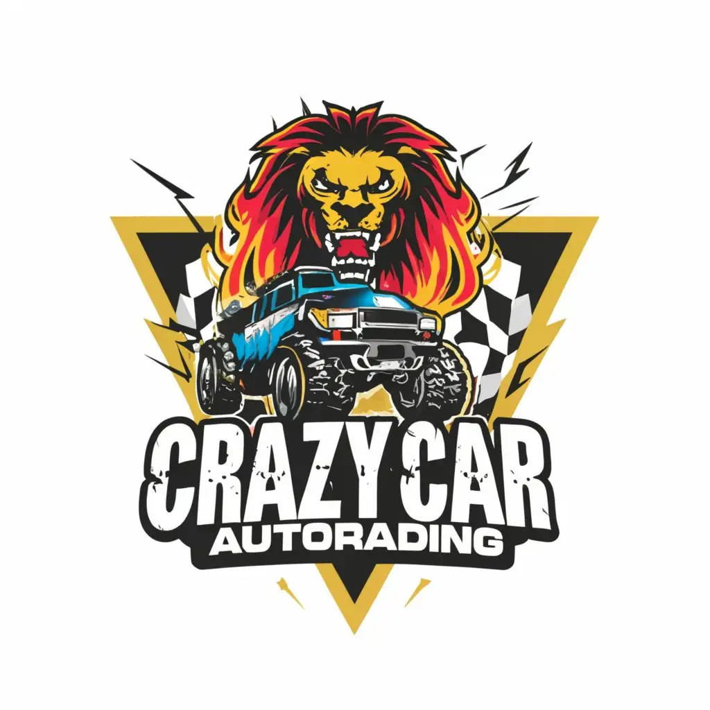 a logo design,with the text 'CrazyCar Autotrading', main symbol:Vehicle, car, black monster truck, lion, thunder, Race flag Moderate,be used in Automotive industry,black background