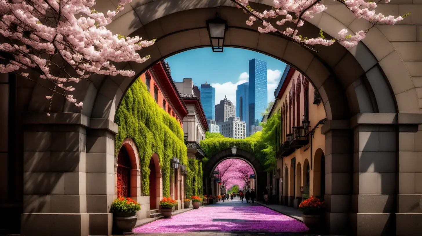 enerate a vivid and bustling cityscape viewed through a classical stone archway adorned with blooming vines. The scene should depict a colorful spring ambiance with a mix of architectural styles. Show a diverse skyline with tall modern buildings complemented by historic structures. Surround the archway with cherry blossom trees in full bloom, lining a cobblestone path that leads toward the heart of the city. Include lively street activity, such as people enjoying outdoor cafes, strolling along the sidewalks, and vibrant flowers adorning the buildings. Capture the essence of a vibrant, dynamic city during the rejuvenating season of spring