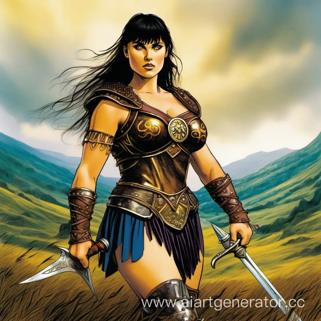 a strong beautiful-faced Xena warrior princess-like Amazon woman with curvaceous thighs, standing amidst a moorland