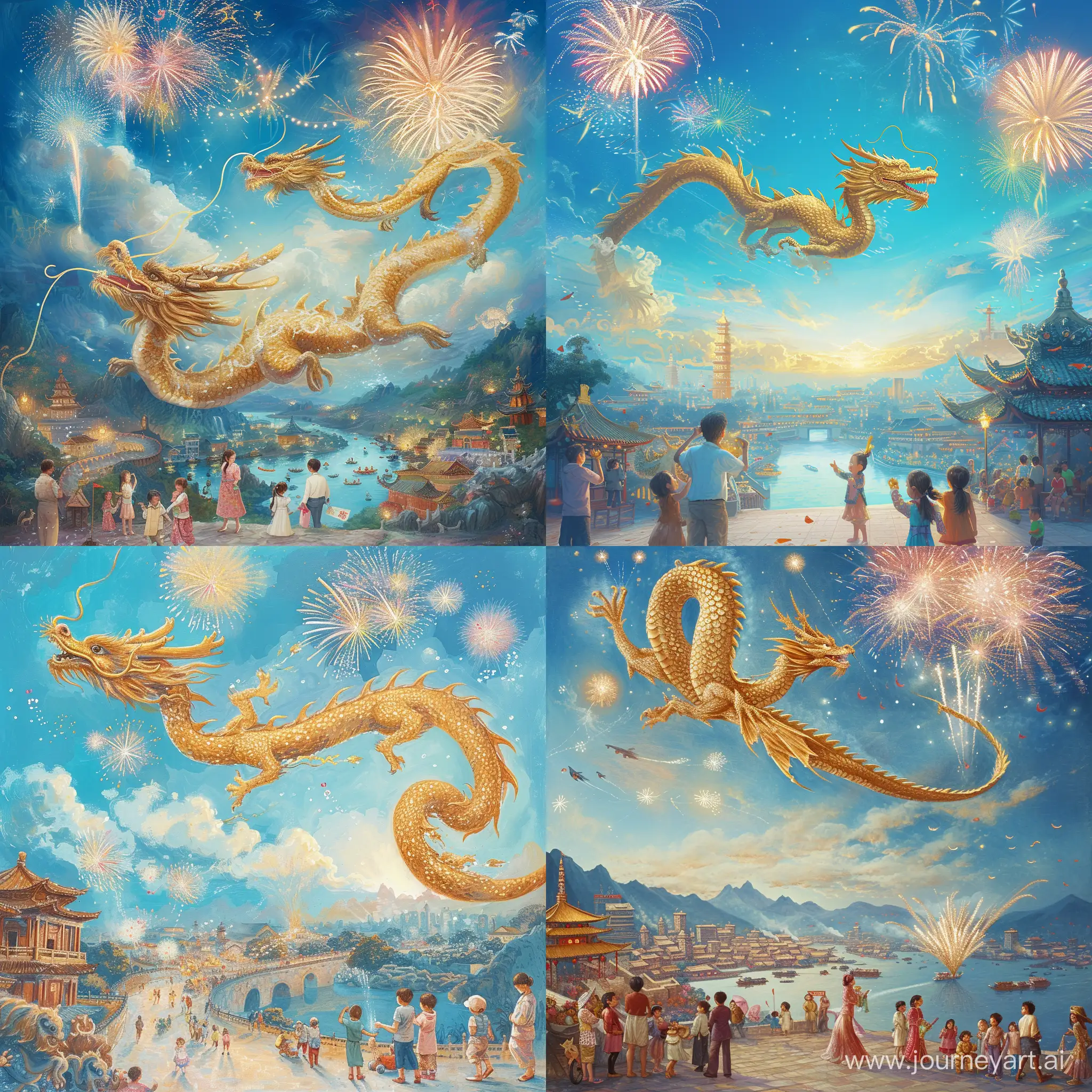 Create a vibrant scene depicting blessings for the Dragon Year. Picture a magnificent dragon soaring through the azure sky, adorned with exquisite golden scales. Surround the dragon with a tranquil setting, featuring happy families, joyful children, and bustling cities. Illuminate the sky with dazzling fireworks, symbolizing the joy and brightness the new year brings. Infuse this artwork with New Year blessings and hopes, offering viewers endless joy and anticipation. --v 6 --ar 1:1 --no 18036