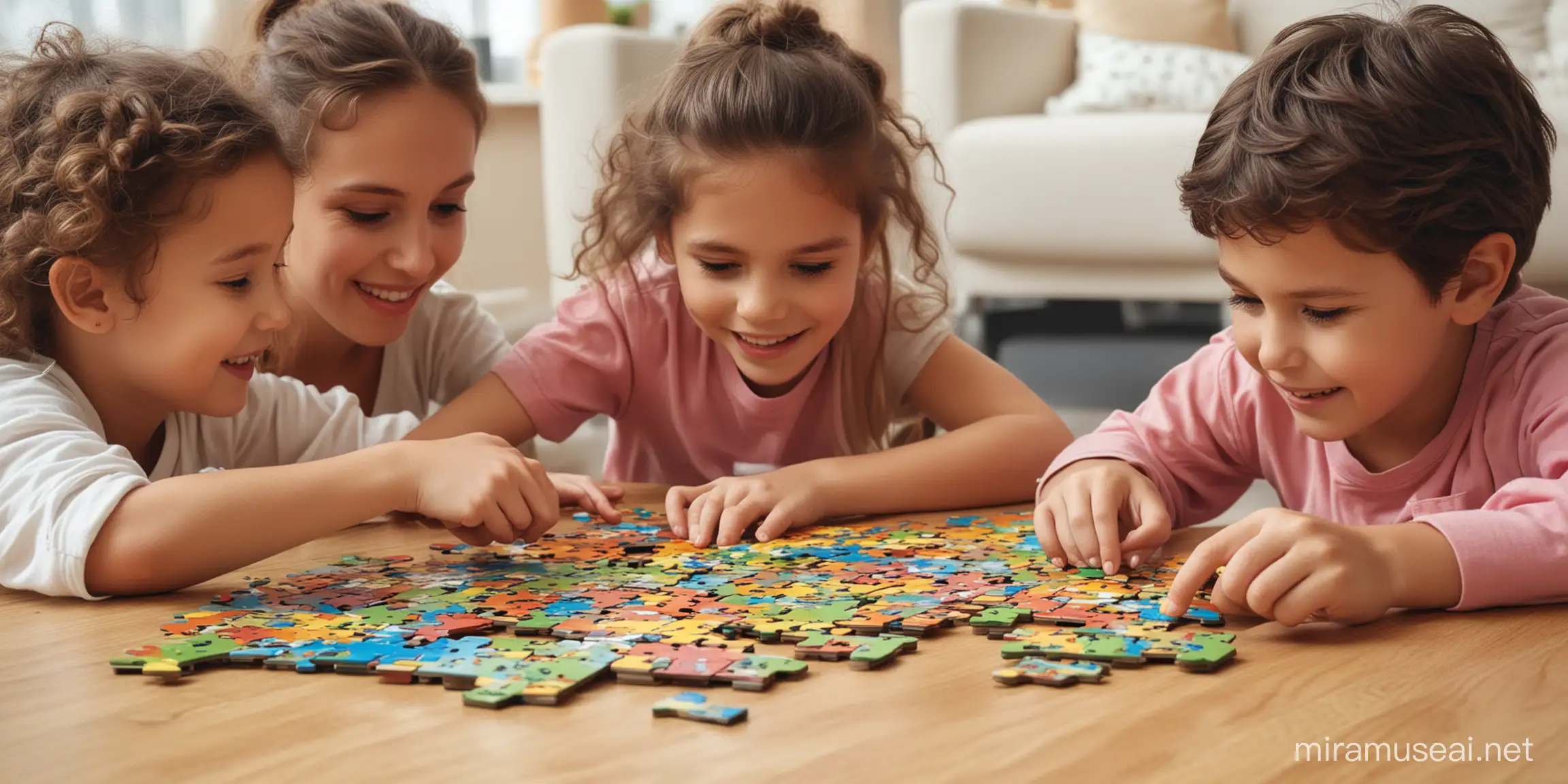 a picture of parents with children playing with a jigsaw puzzle