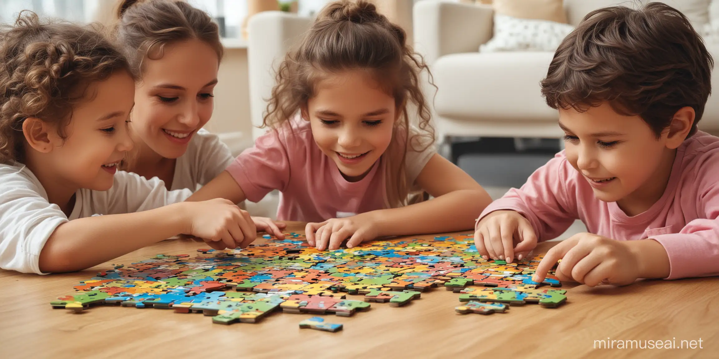 Family Fun Parents and Children Assembling Jigsaw Puzzle Together