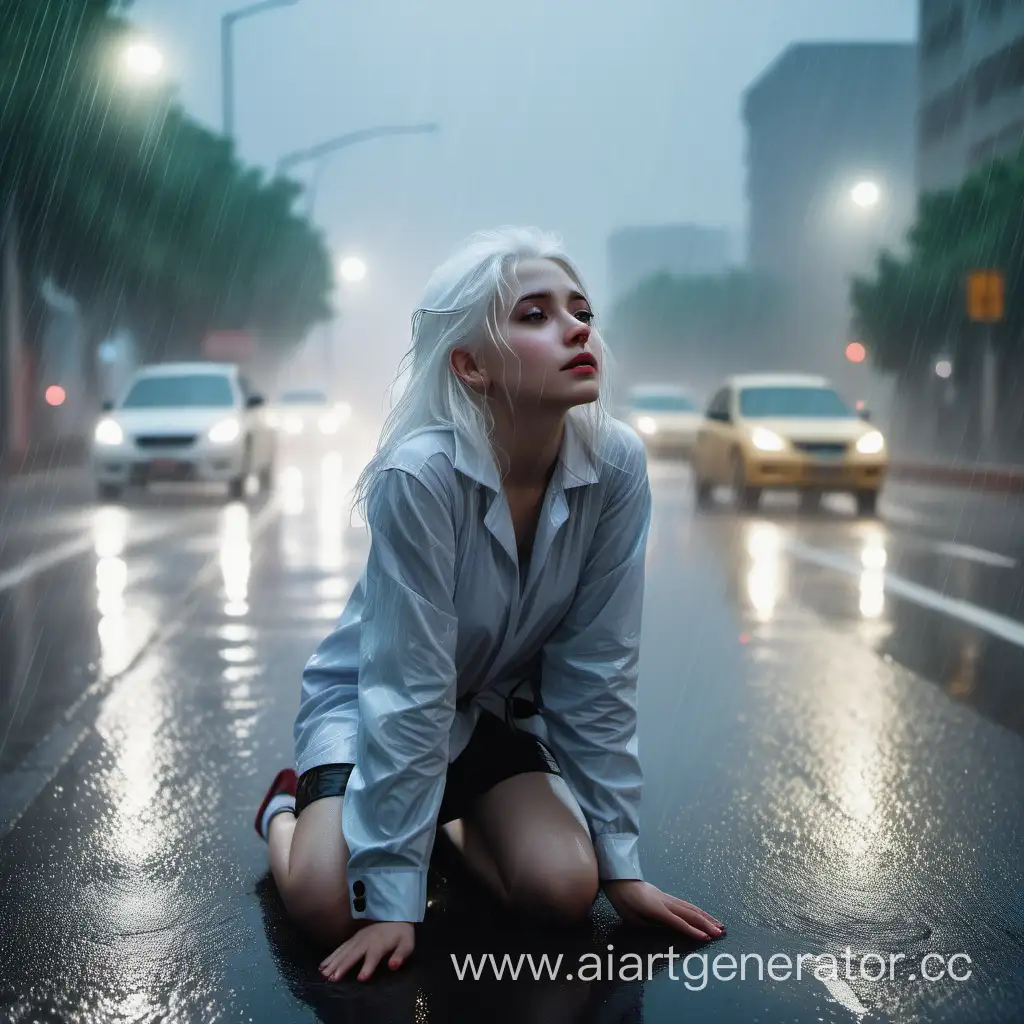 Девушка с белыми волосами лежит на мокрой дороге, идёт дождь, город в тумане и машин нет, вечер