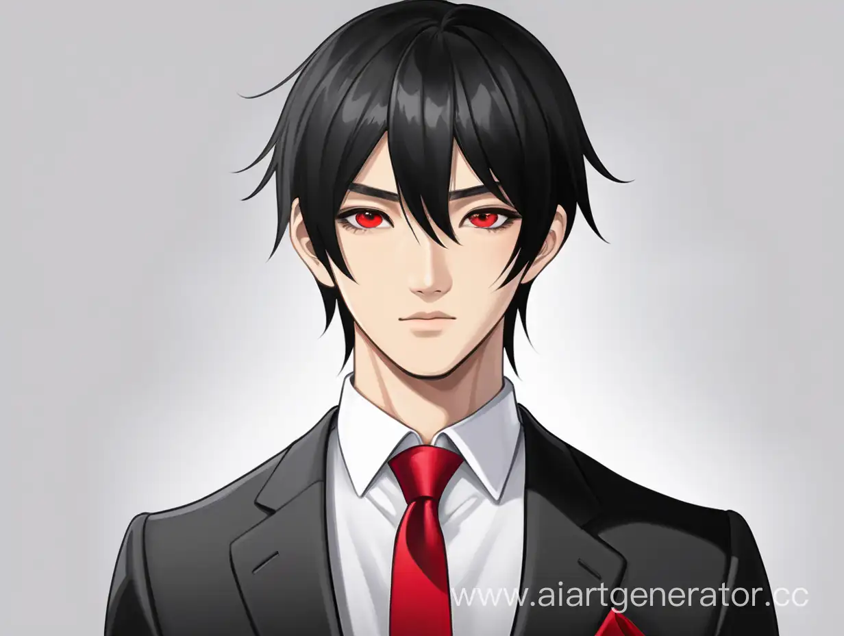 Молодой мужчина,с симпатичной азиатской внешностью,с черными волосами,красными глазами,в черном деловом костюме