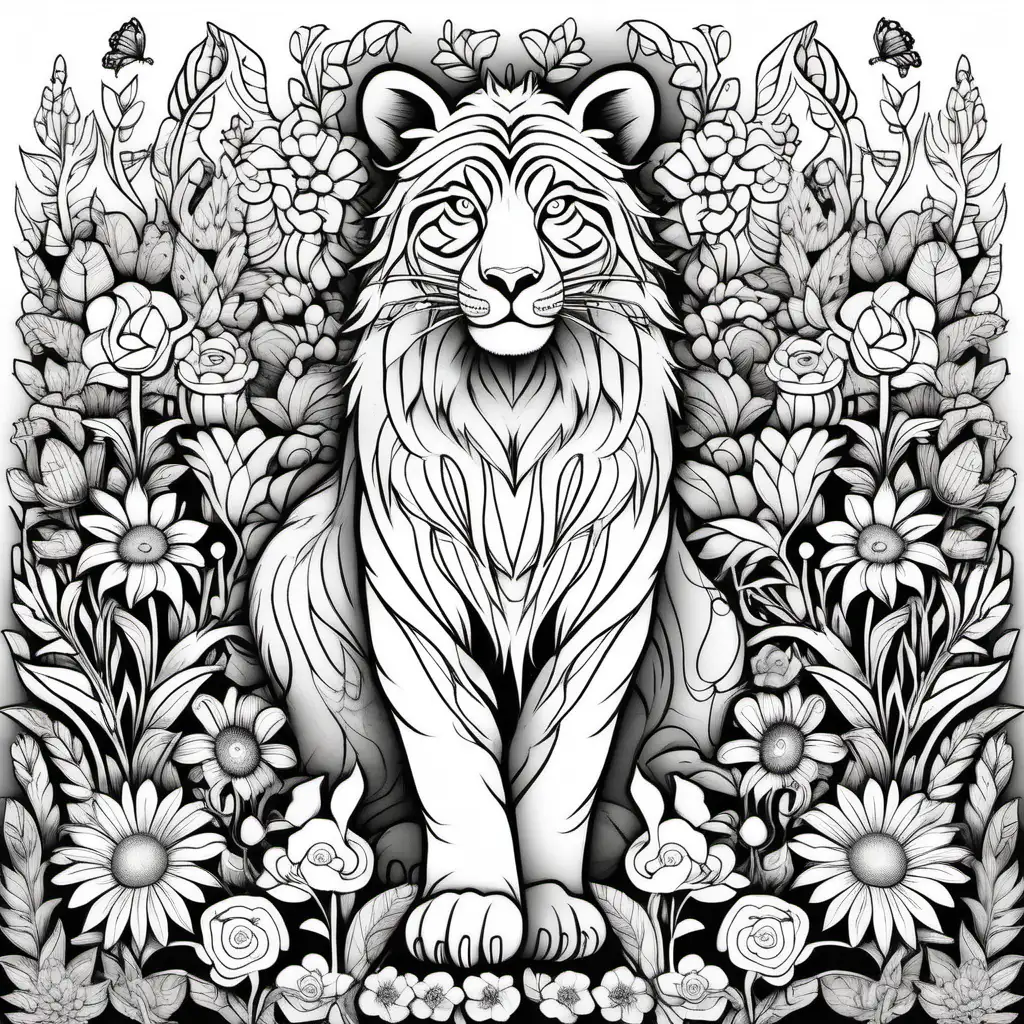 create a very beautiful coloring page with a wild animal sorounded by flowers and all the drawings have to be white, no grey filling for the image