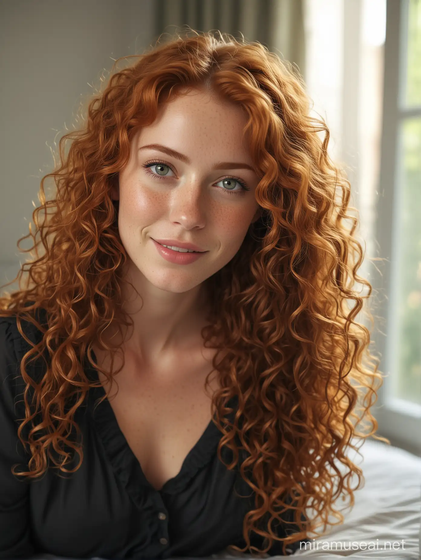 Beautiful Woman with Long Curly Ginger Hair Sitting in Sunlit Bedroom
