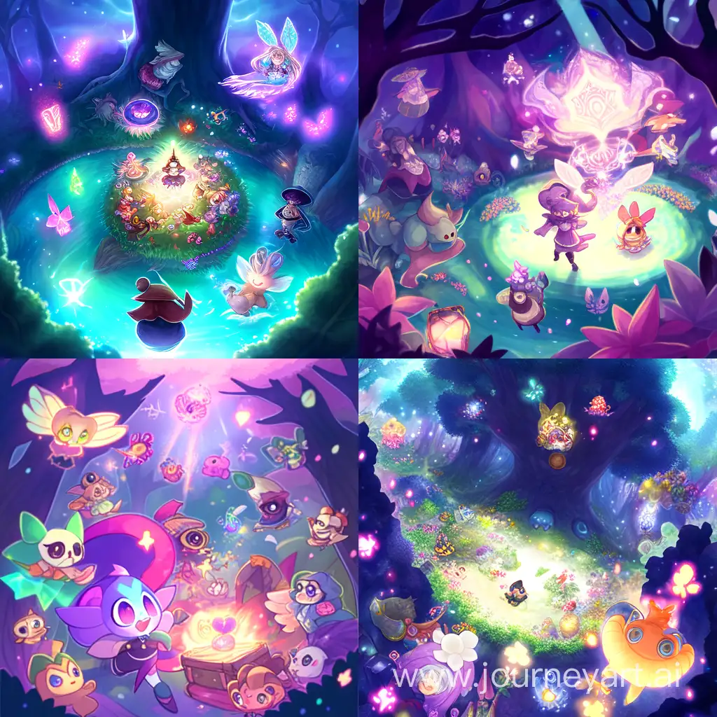 Illustration: Sparkle in a starlit clearing, surrounded by various magical beings like giggling fairies, wise old owls, and mischievous pixies.