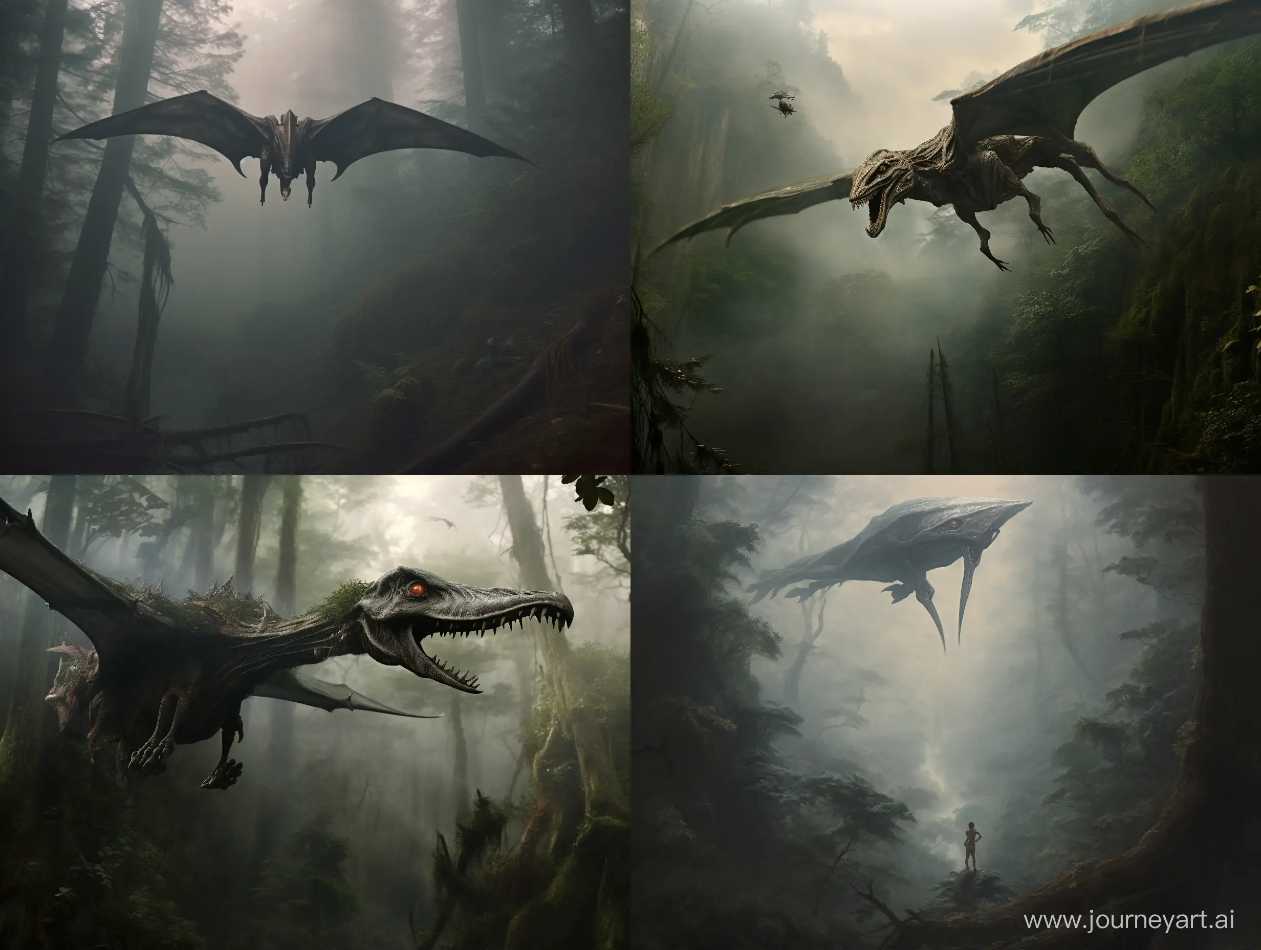 Mystical-HumanoidHeaded-Pterodactyl-Soaring-Over-Enchanted-Smoky-Forest