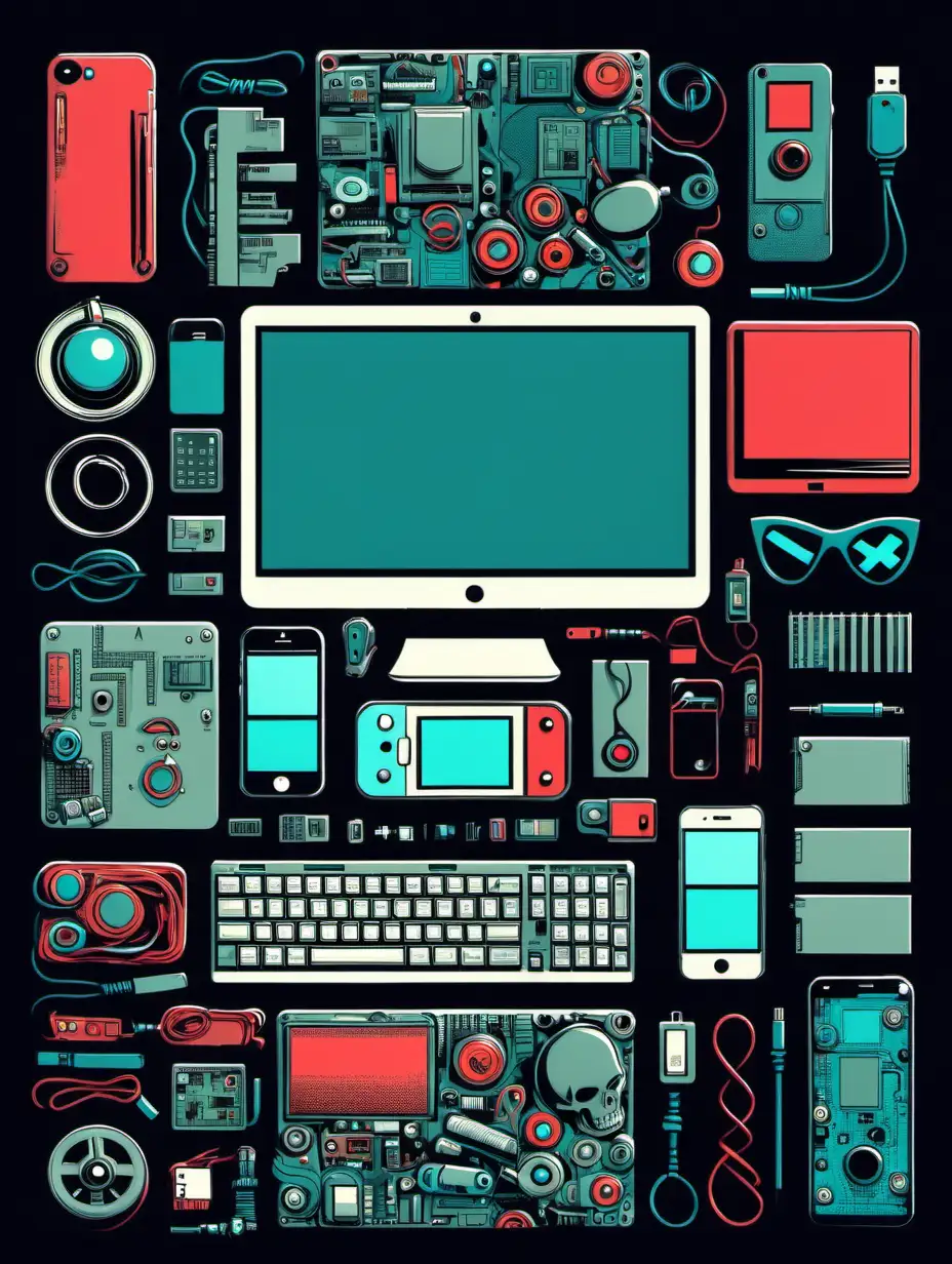 hacker gadgets, comics style, tech color palette