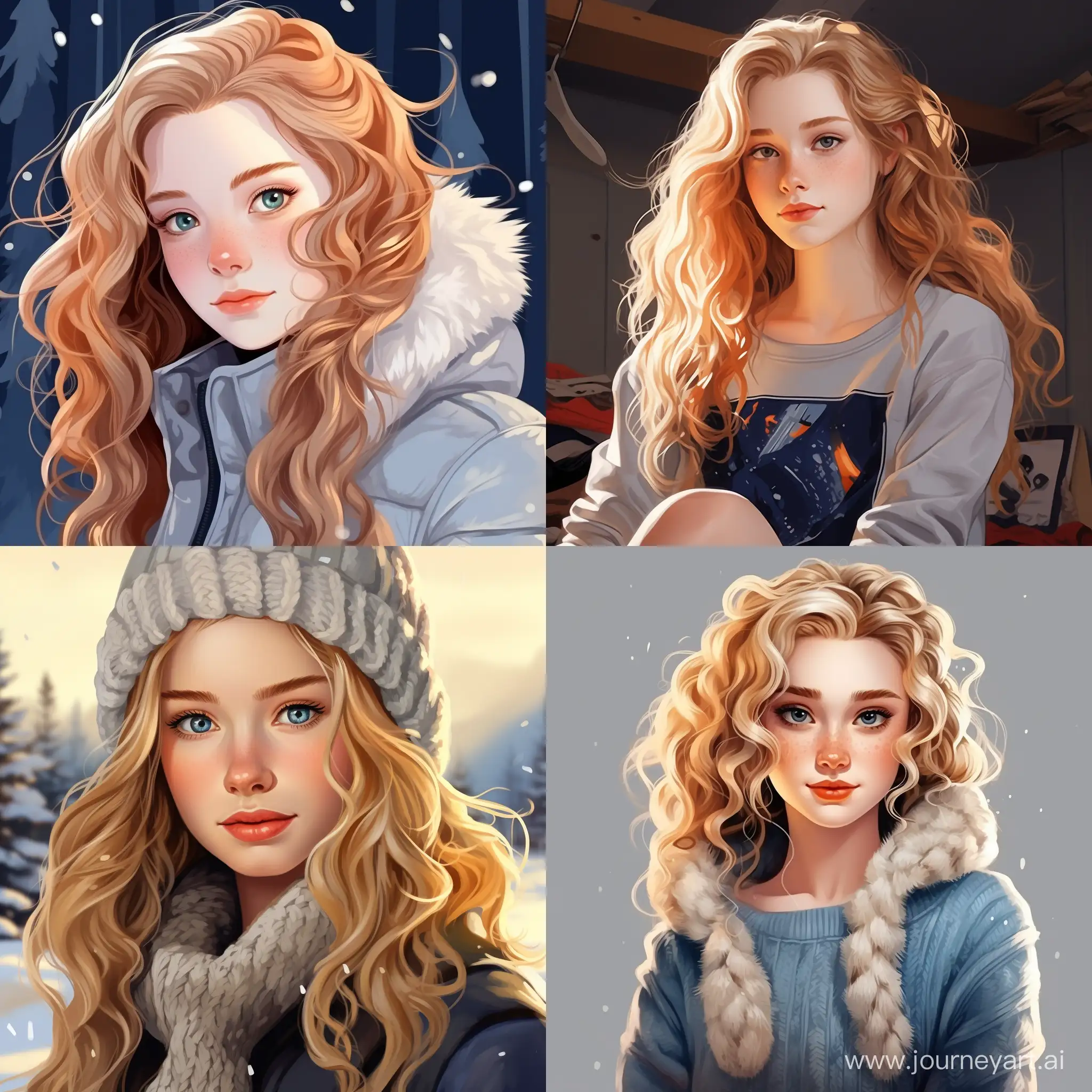 Beautiful girl, golden hair, gray-blue eyes, snow-white skin, teenager, summer, cute, cozy, high quality, high detail, cartoon art