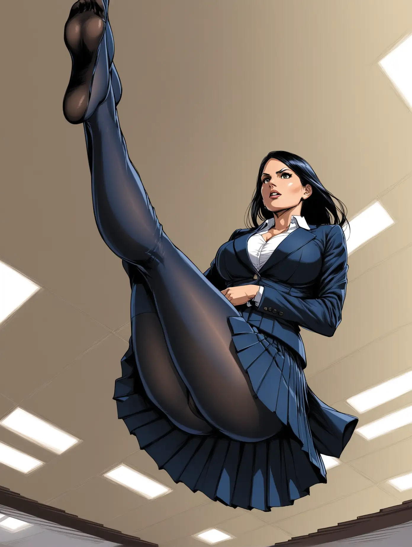 Mature, Priti Patel, dark navy suit [Highly Detailed] Bernie Wrightson art style, navy pantyhose, below view, long pleated skirt, confused, floating in office, feet dangling,  cleavage