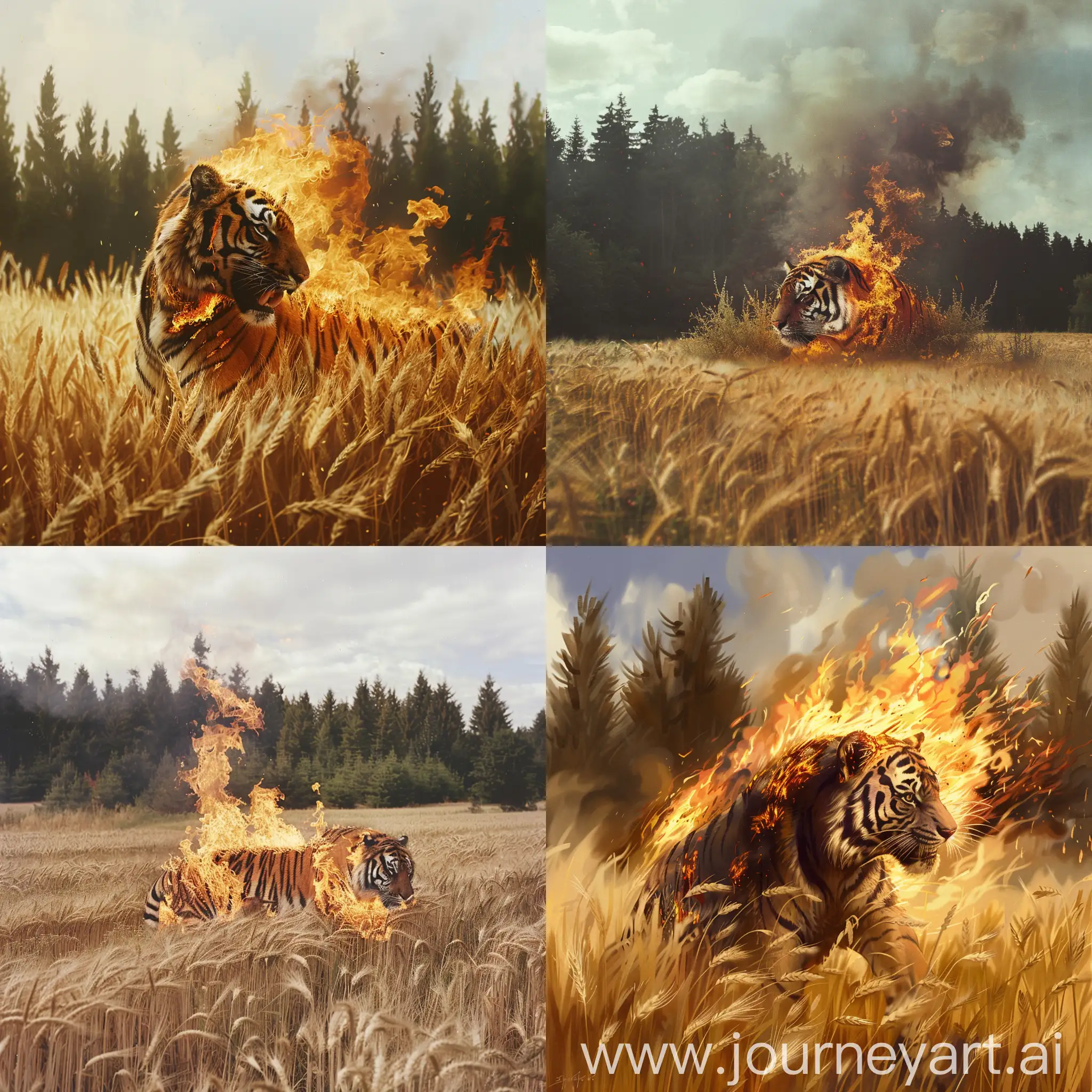 The German tiger is burning in the middle of a wheat field, on the edge of a pine forest. --v 6 --ar 1:1 --no 21386