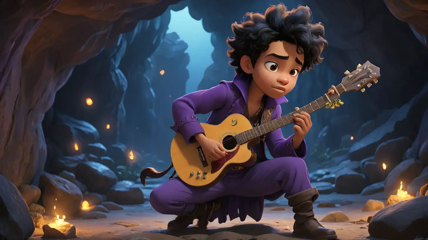 prince playing a guitar in a cave at night  , pixar style , Maya 