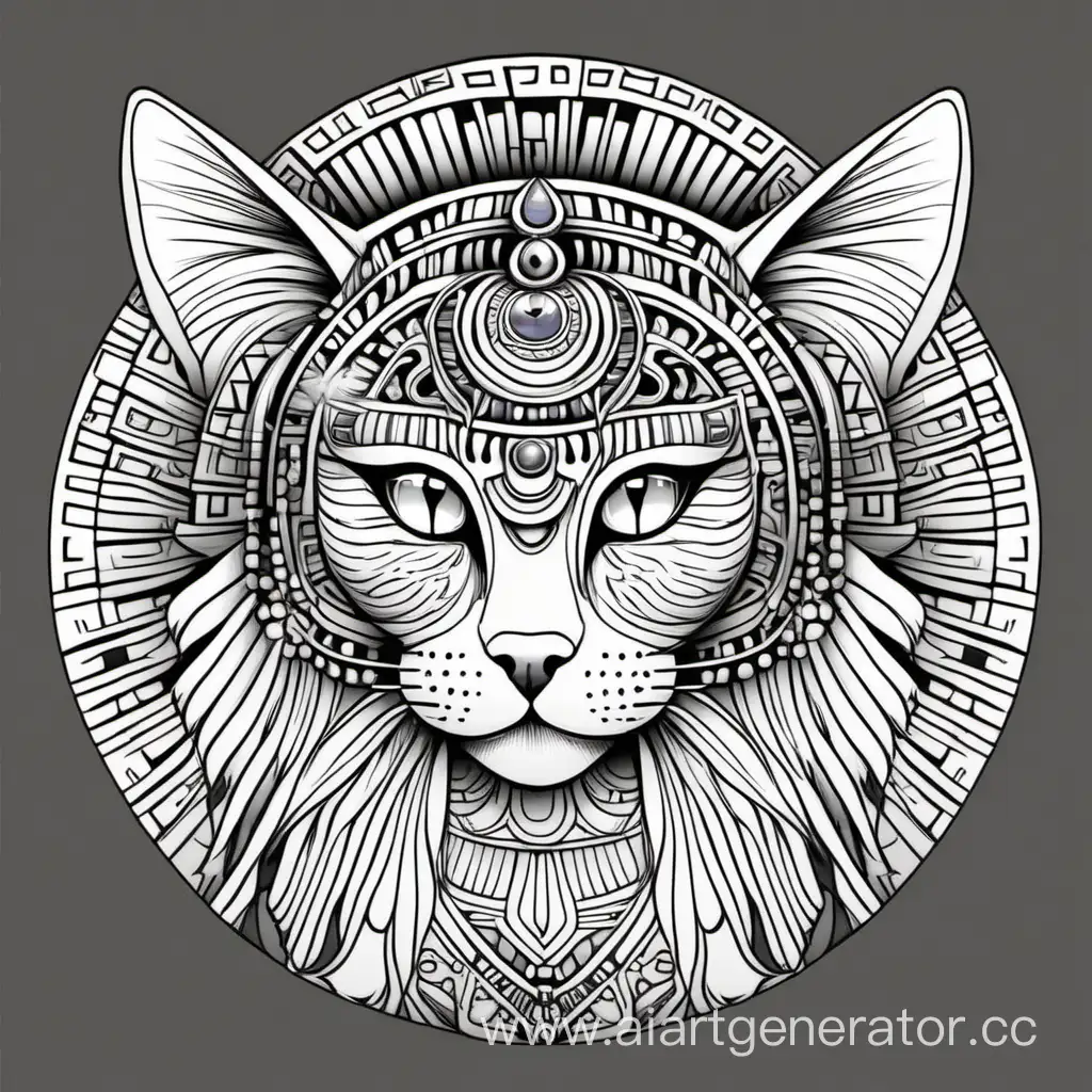 контур раскраска мандала кошка в египетском головном уборе
 