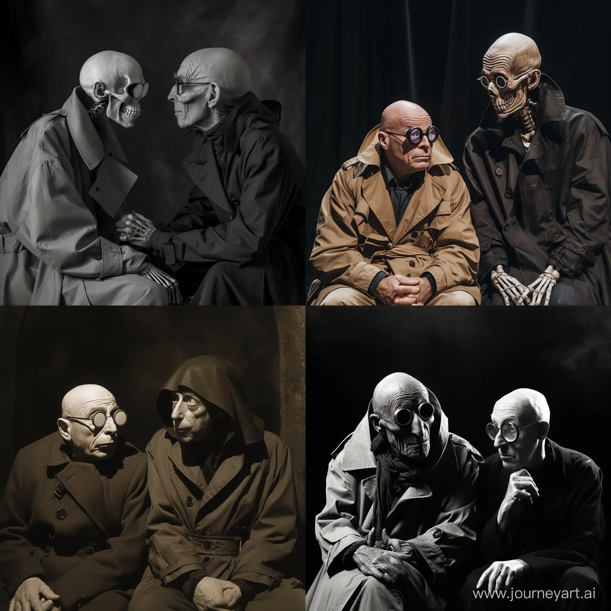 Bald-Man-in-Vintage-Trench-Coat-Sitting-with-Death