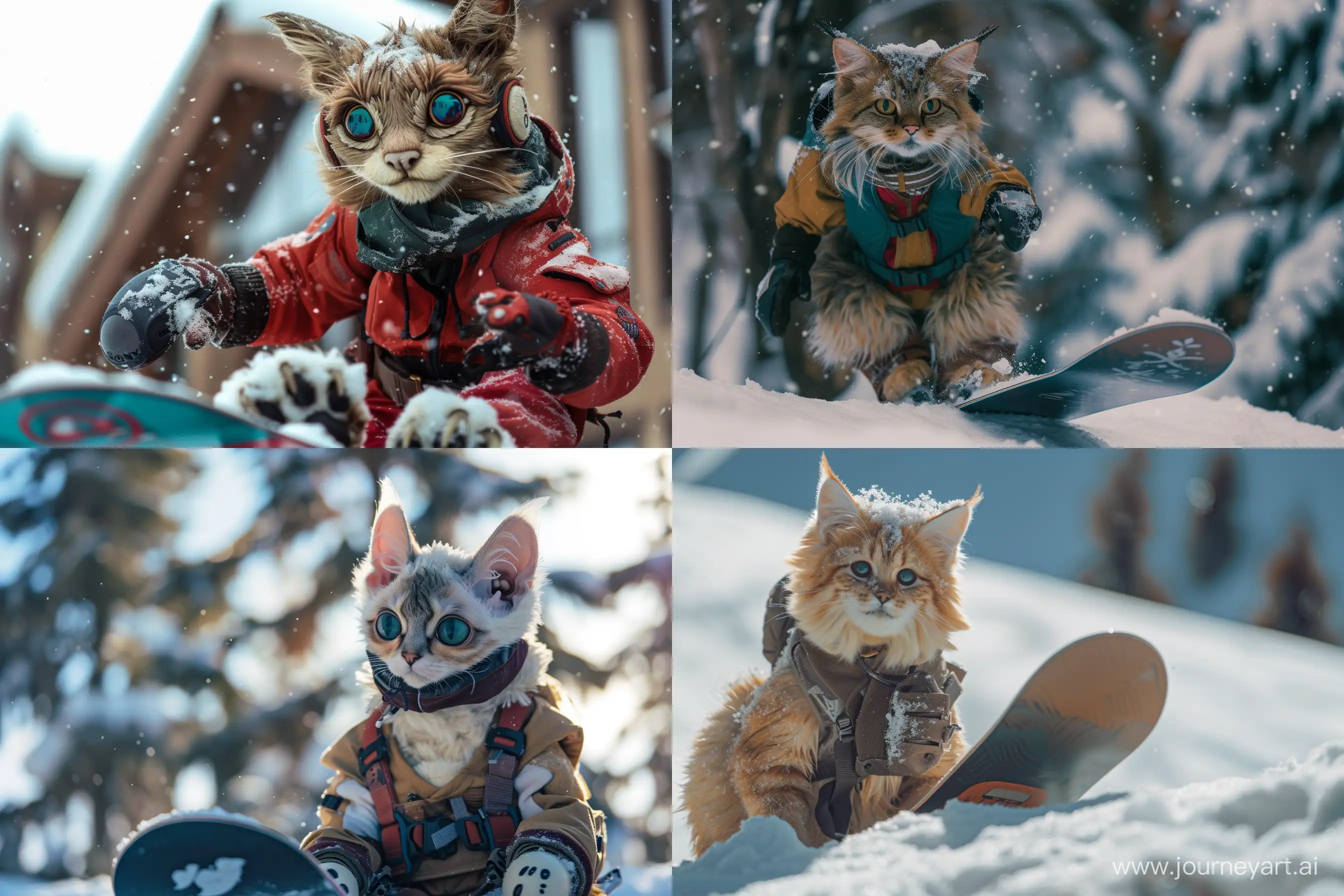 anthro pseudodragon cat, snowboarding, Sony A7 60mm f1.8 --ar 6:4 --style raw --v 6