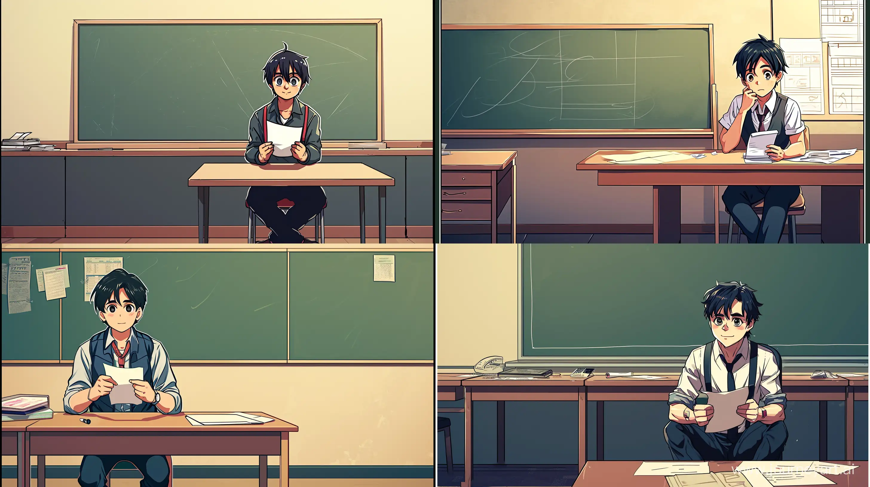 https://midreborn.com/storage/user-photos/4sUNtjKeJnY131d2hhcIudeQDtlaShLLIRQNyOIL.png , a man sitting on a desk in front of a chalkboard holding a paper in his hands, official art, Ay-O, remodernism, a comic book panel, anime style, chibi style, best quality, --v 6 --ar 16:9 --q 2
