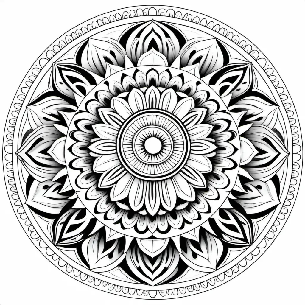 Create Black and white coloring pages of mandala on a white background, in nature, no shading, large images, crisp lines,