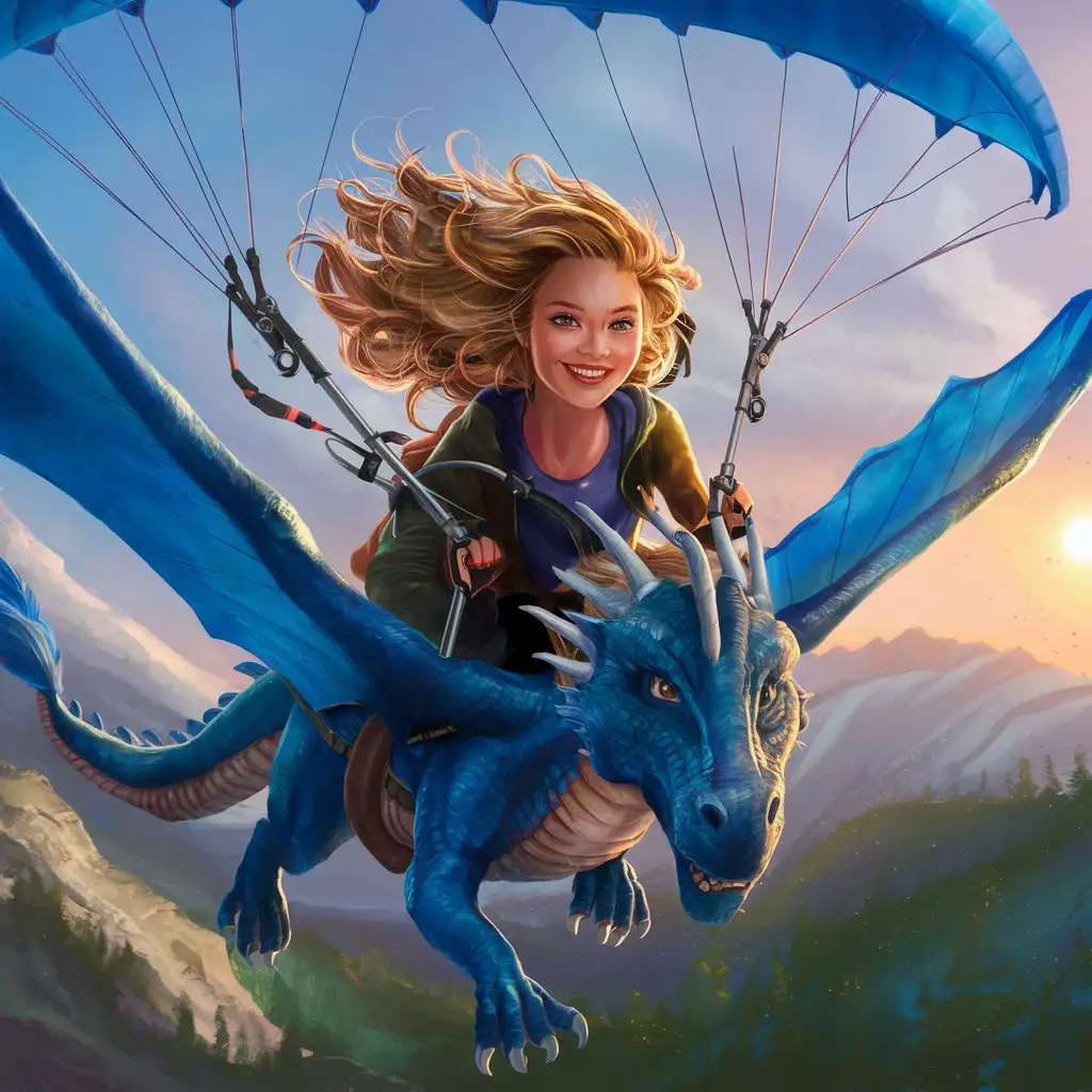 девушка с золотистыми волосами парапланерист летящий вместо параплана на драконе синего цвета