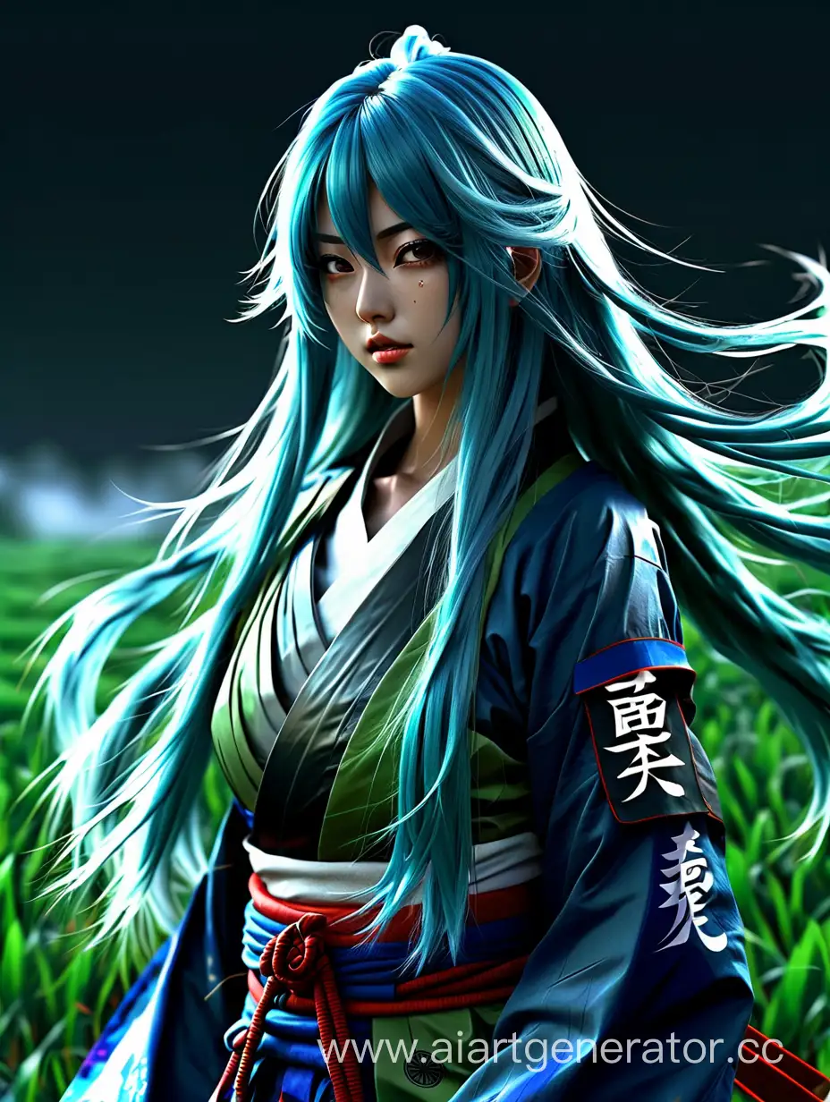 Женщина 27 лет, красивая, стиль аниме, ультра реалистично,фон темно-светлый,фон поле зеленое,голубые длинные волосы, стиль одежды самурай