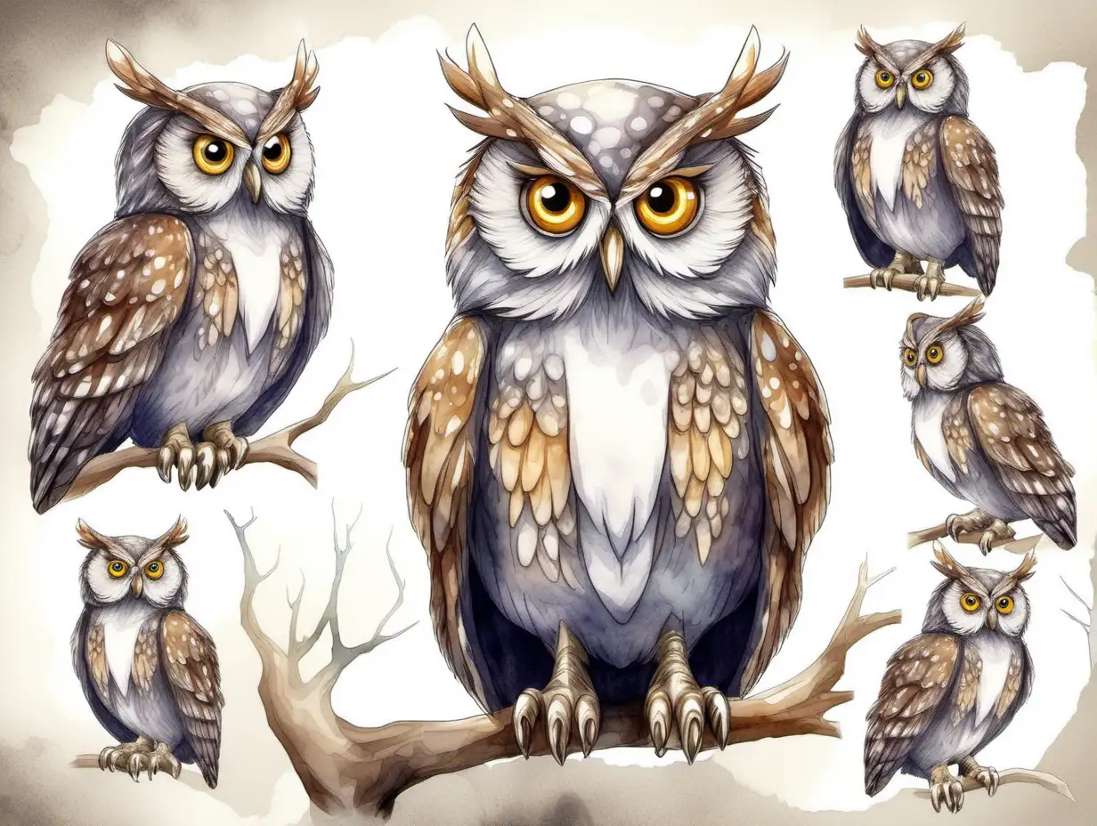 Mr. Hoots is a wise old owl with majestic silver feathers. His eyes are large and expressive, giving him a look of wisdom and kindness.  watercolor style character sheet