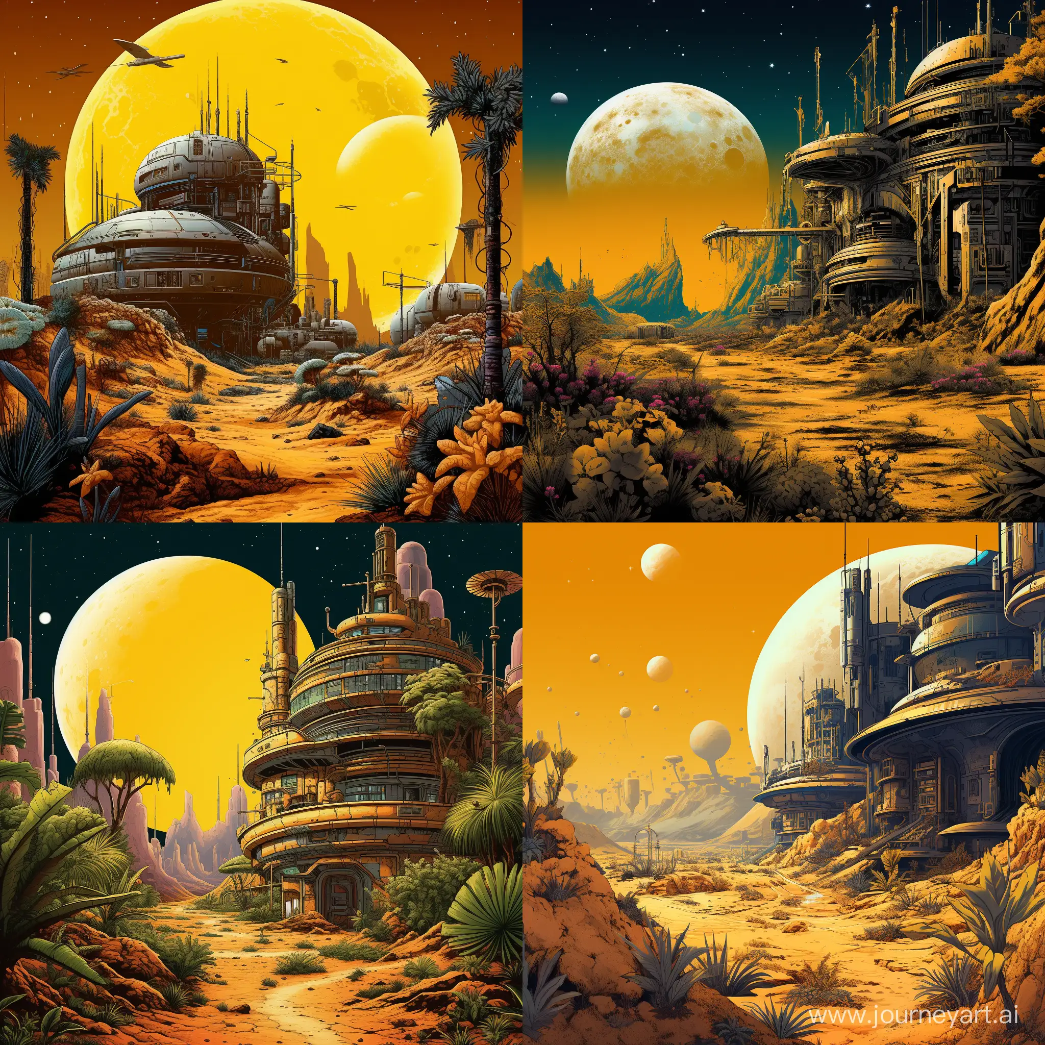 Scenery. A small yellow moon with a small space outpost on it. There are spaceships on the landing pads, and to the left you can see an old-fashioned building in the retro futurist style. Множество густых растений вокруг окутывают старые здания и брошенные корабли. Ярко-жёлтый грунт, чёрное небо.