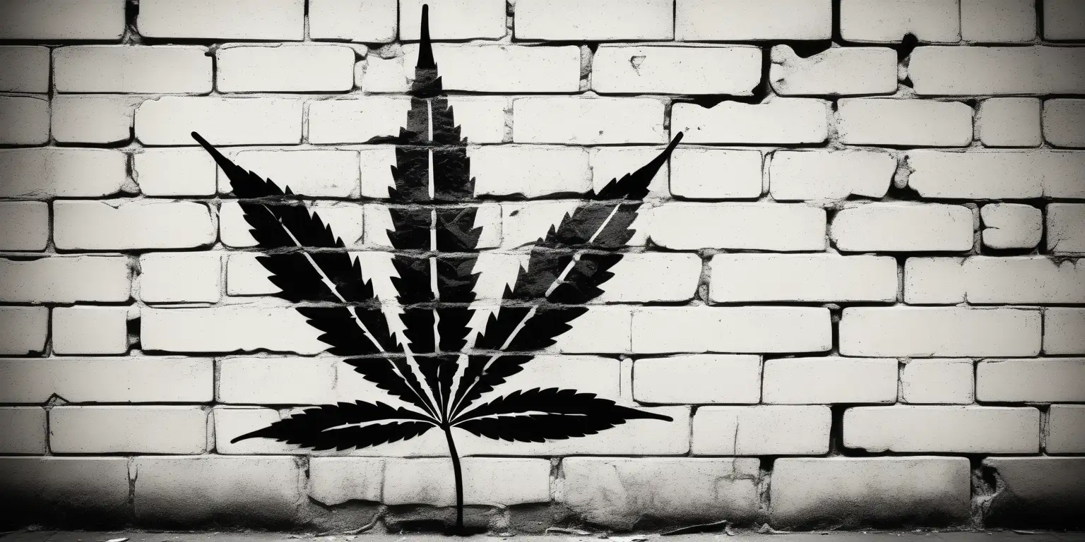 Artistic Photograph of cannabis-leaf stenciled onto brick wall grafitti-style (banksy style). Black and white photo. 