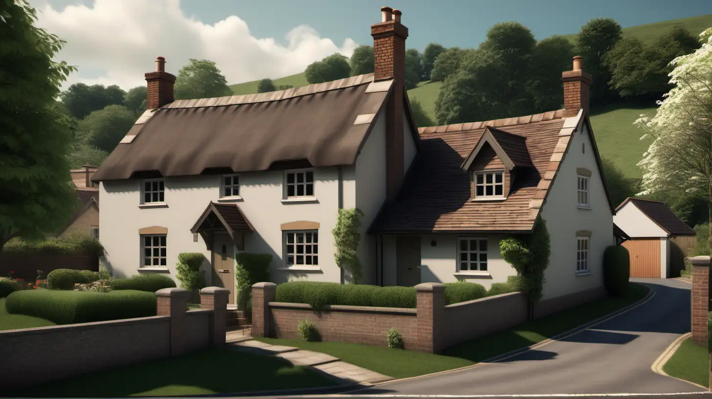 Detached house in a cute english village, hills in the background with trees. Ultra realistic.