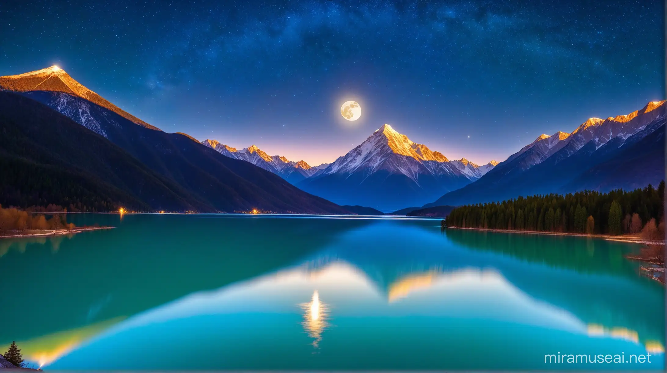 Majestic Mountain Landscape with Starlit Sky Reflected in a Tranquil Lake