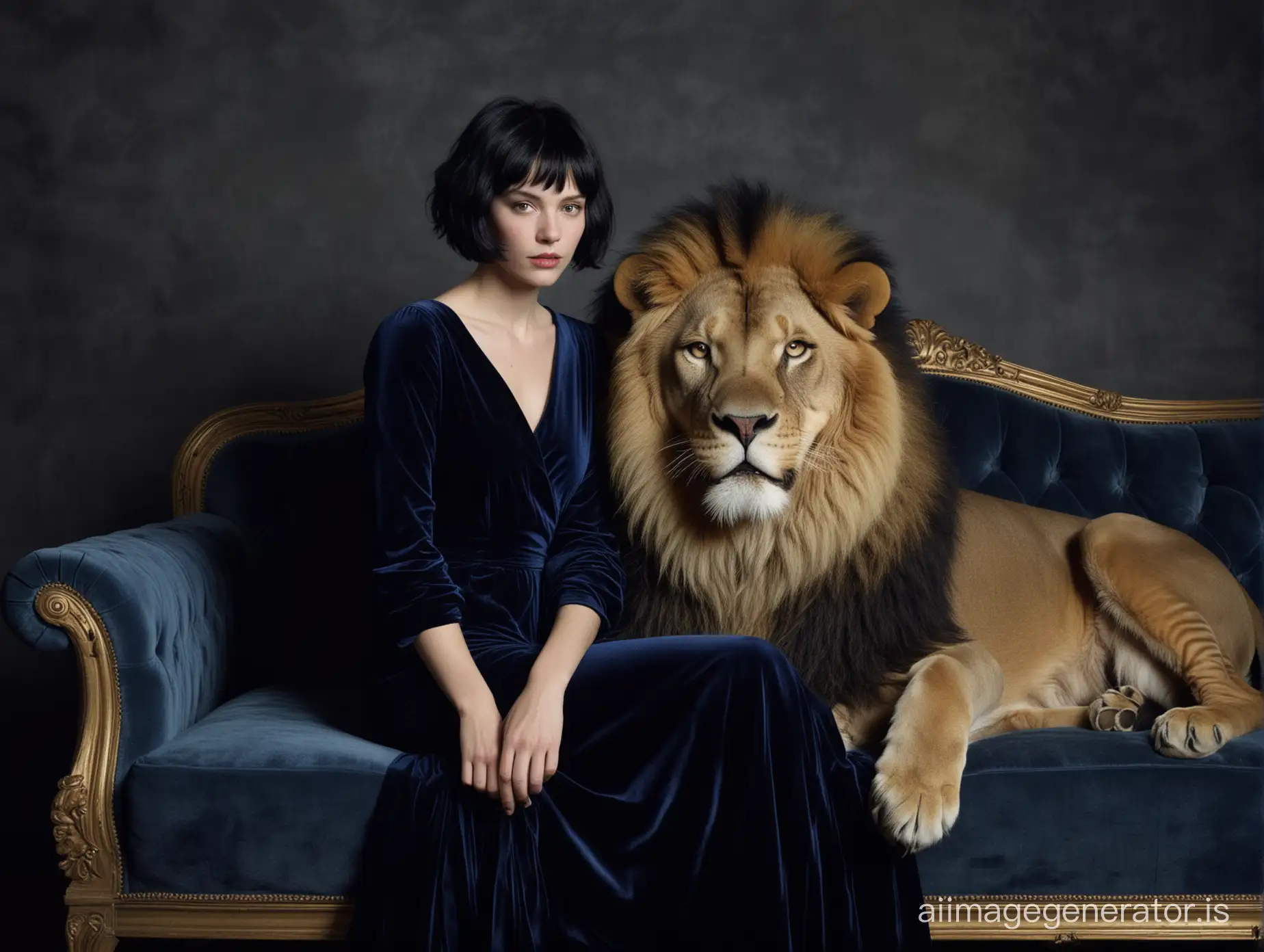 Photo Tim Walker of a woman with short dark hair sitting on a sofa in a velvet navy dress next to her big lion for a hip Tim Walker-style editorial shoot, against a dark background, with a lion staring into the camera --v 6.0 --ar 9:16