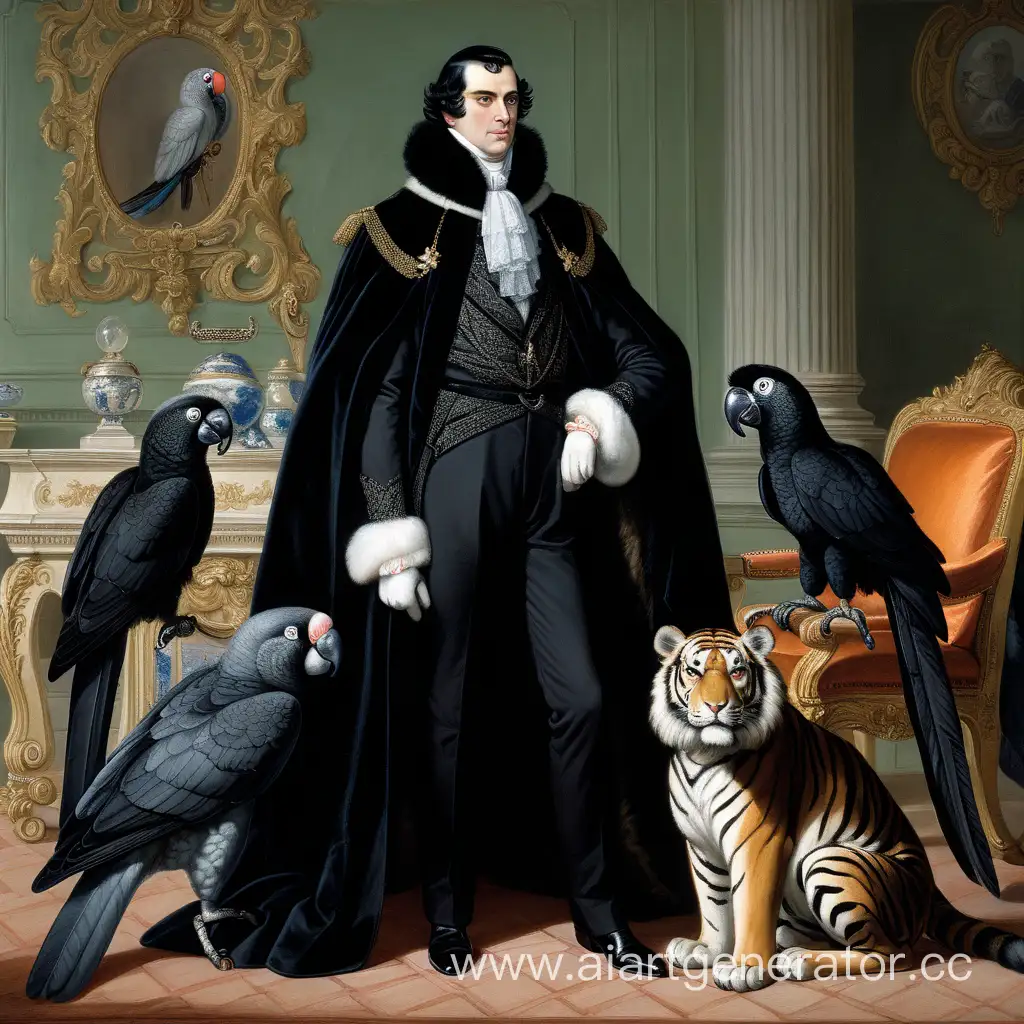 NineteenthCentury-Aristocrat-with-Black-Parrot-and-Tiger