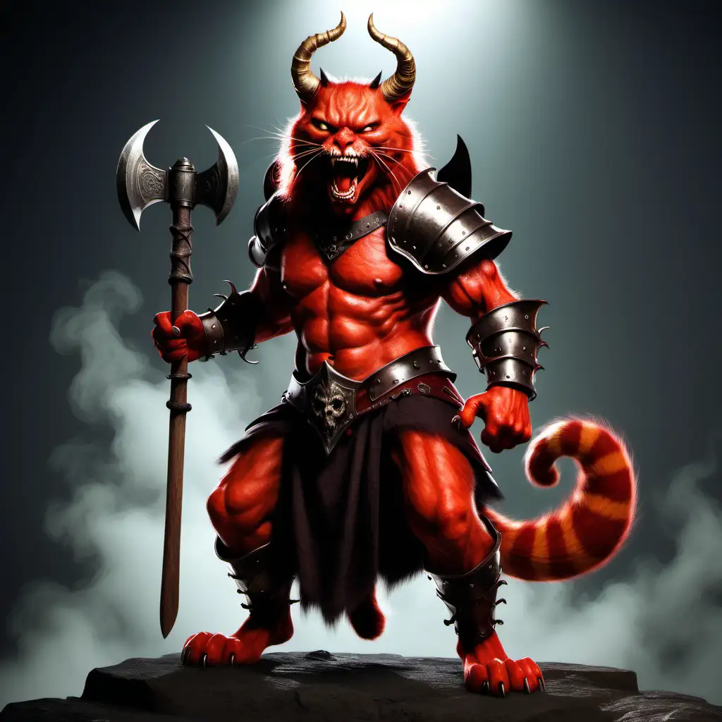 реалистичный  яростный красный кот-демон (с рогами)   воин с топором смеется в средневековом одеянии в полный рост