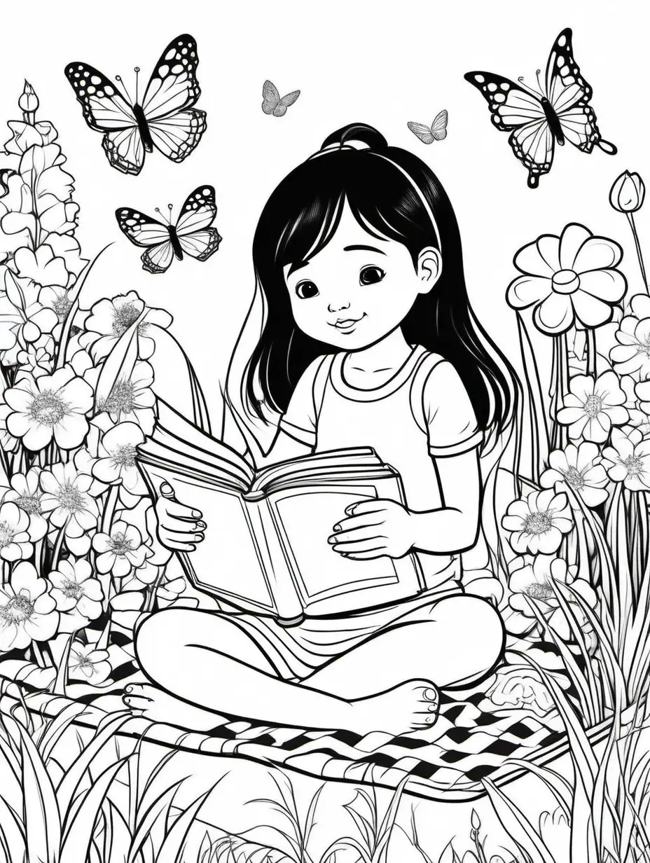 simple coloring page for kids of cute cartoon asian toddler girl with normal feet reading a book on a picnic blanket surrounded by flowers and butterflies.  No color.  No shading.  Do not color hair in.  Outlines only.  No dither.  Black & white lines only.  No gray.  