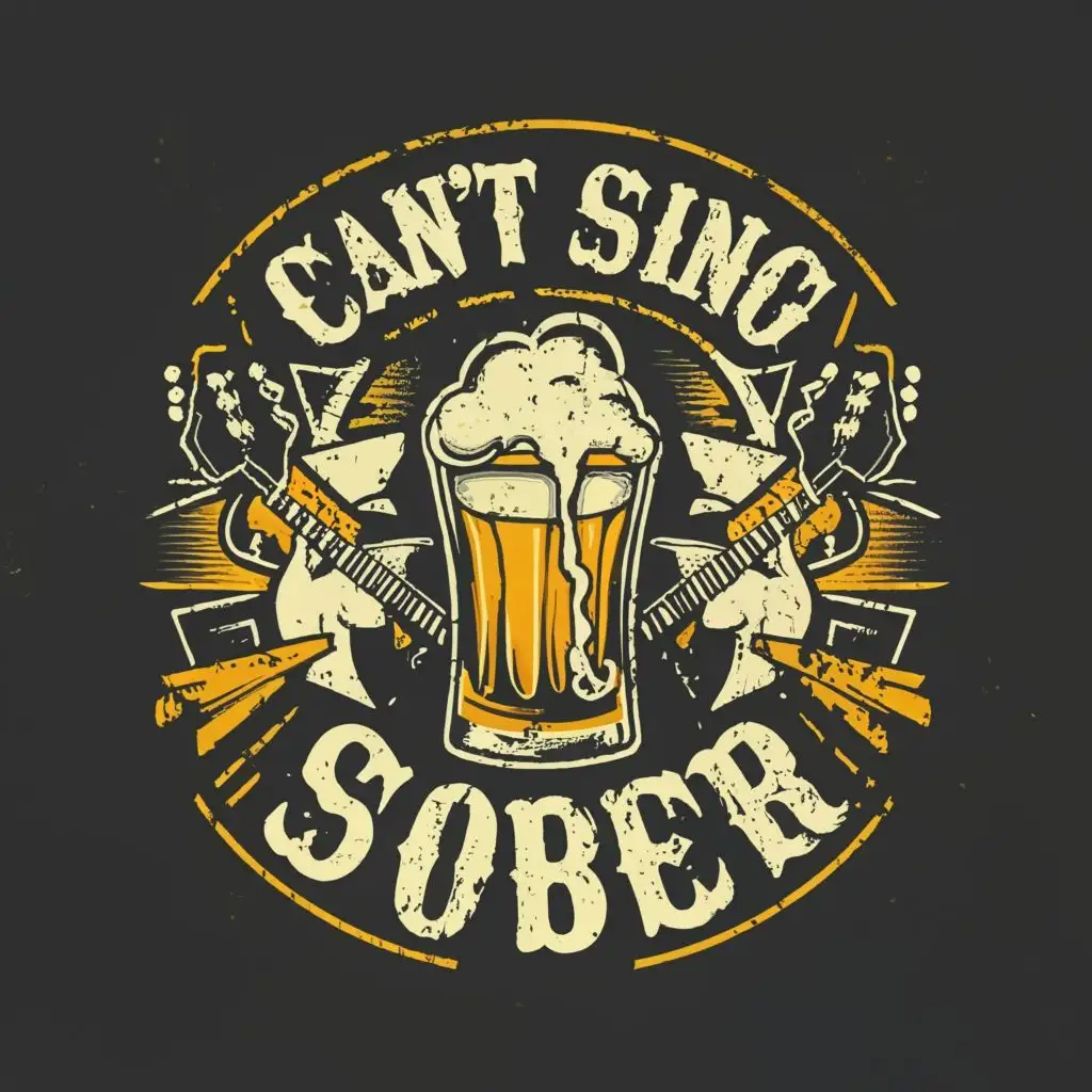 logo, beer and guitar, with the text "CAN'T 
SING 
SOBER", typography, be used in Entertainment industry