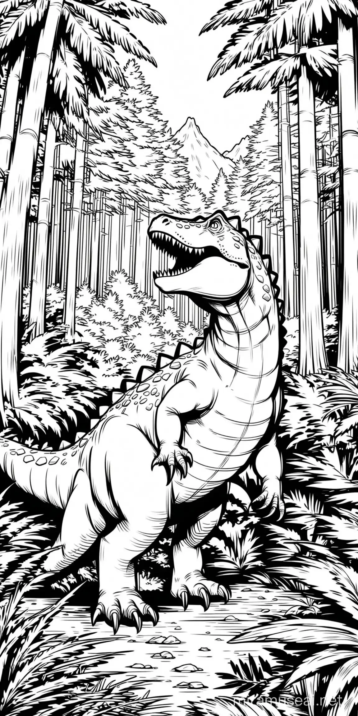 dinosaur in a forest cartoon style no color with low detail