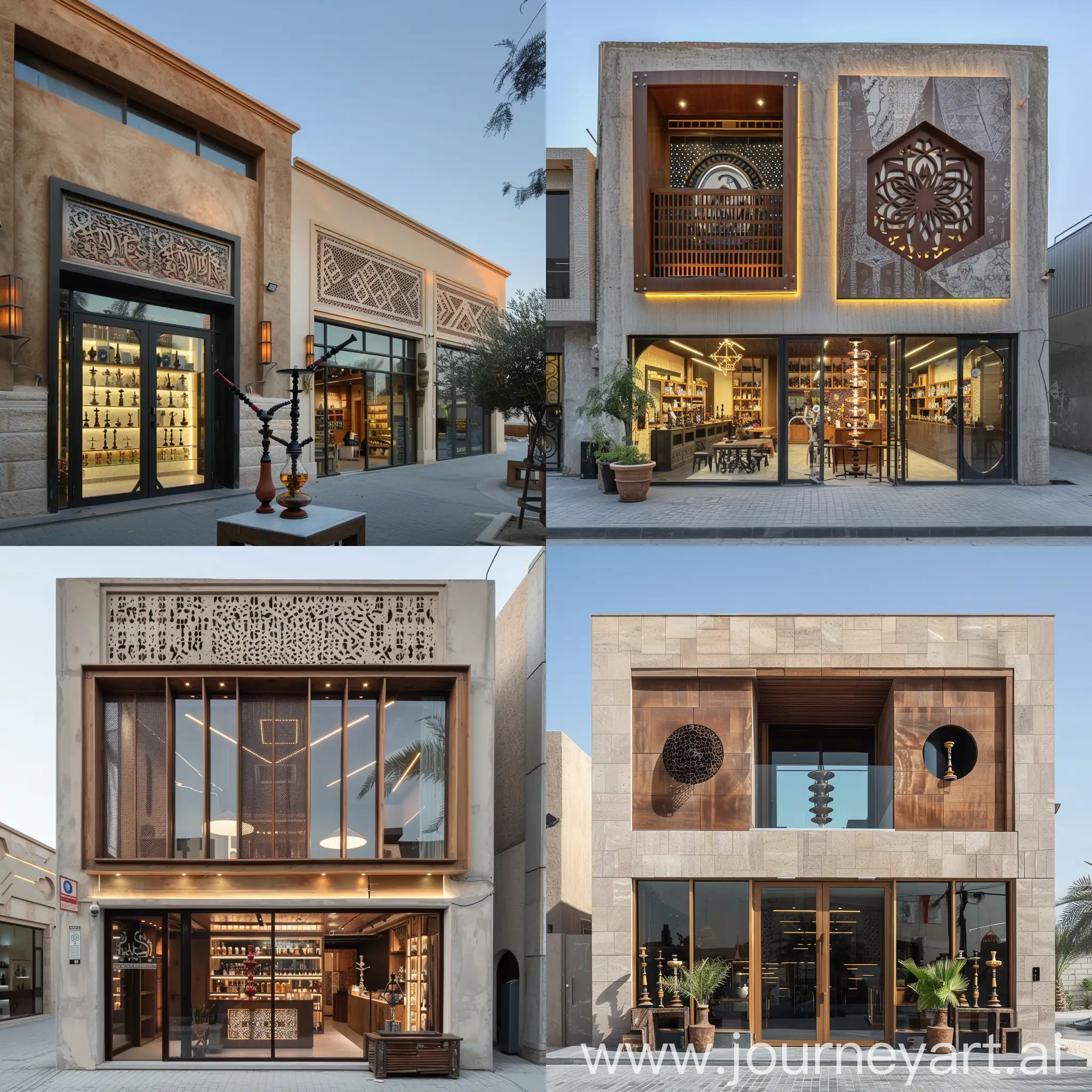 The exterior of a hookah and tobacco shop in a traditional style inspired by modern architecture