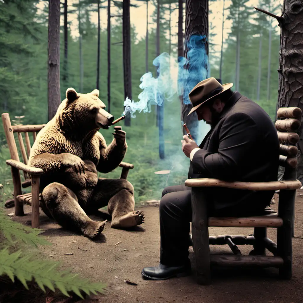 there is a man sitting on a wooden chair in the forrest smoking a tobaco pipe while a bear is lerking the background