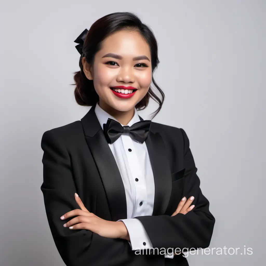 smiling and laughing Filipino woman with shoulder length hair and lipstick wearing a tuxedo with a white shirt and a black bow tie, arms crossed