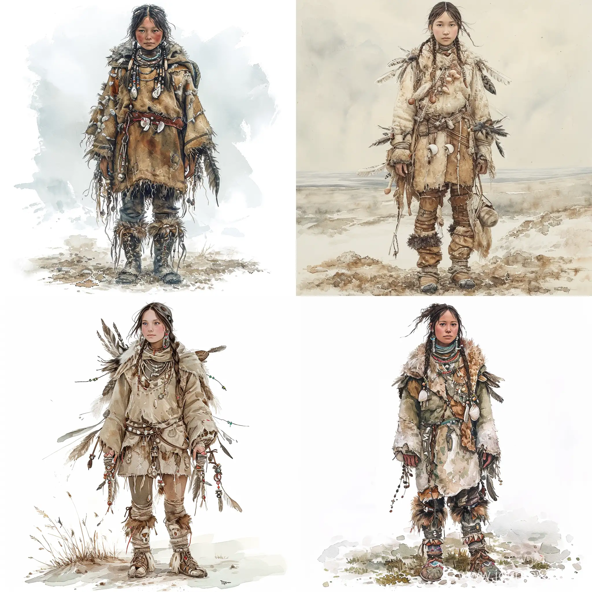 Full body Illustration of an inuit woman, young, 18 years old, beautiful, native american phenotype, wearing stone age clothing made from natural fabrics like linen, cotton, or furs, adorned with feathers, beads and shells, stading on the steppe tundra landscape, watercolors, gloomy and depressing ambient, artwork by tom björklund