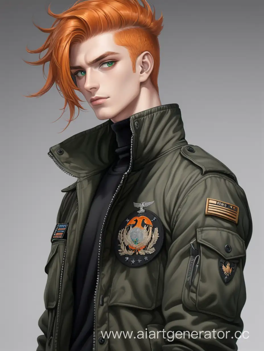Male, 24 years old, tall, muscular, Orange hair, heterochromia, black turtleneck, dark green military jacket, black pants, long boots