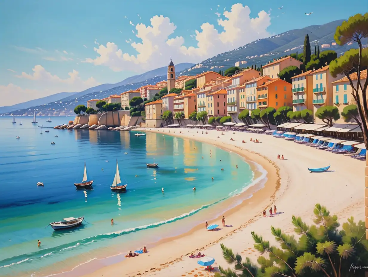 Sunny Beach Scene at the French Riviera Vibrant Coastal Painting