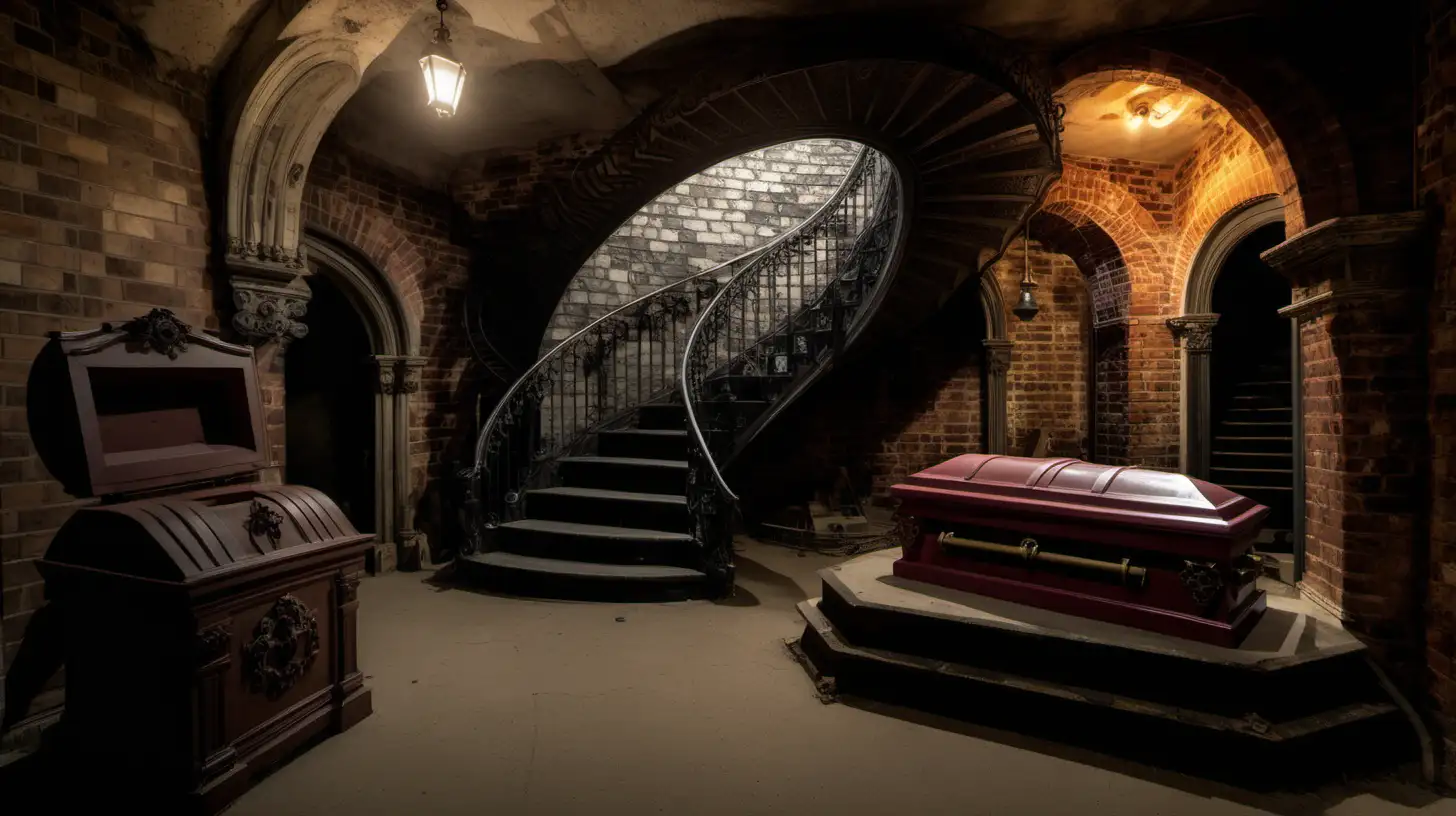 Victorian brick and stone Crypt with an ornate coffin on the floor and a spiral staircase in the back, lamps hanging 